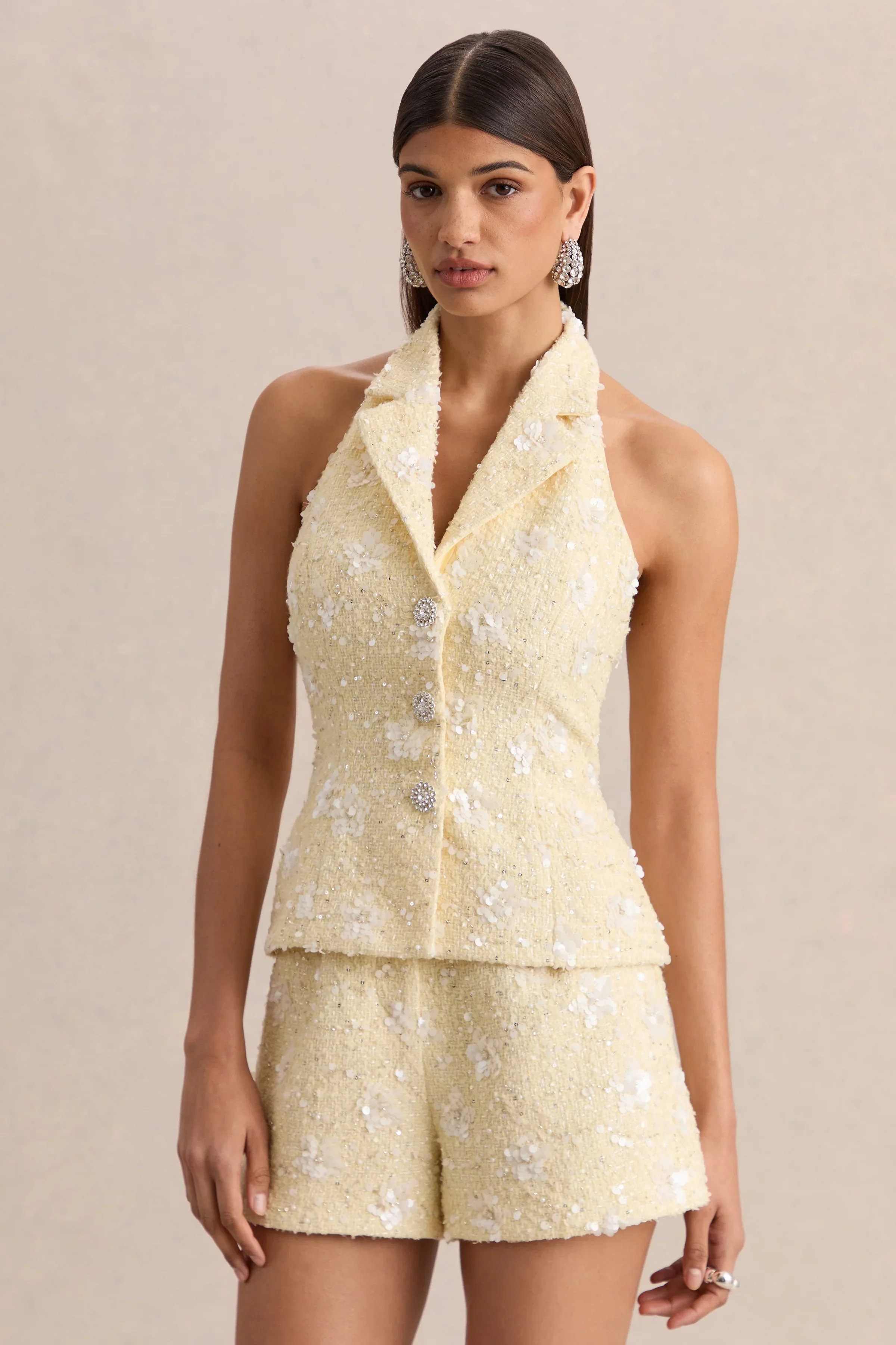 Alba | Lemon Boucle Plunge-Neck Crop-Top