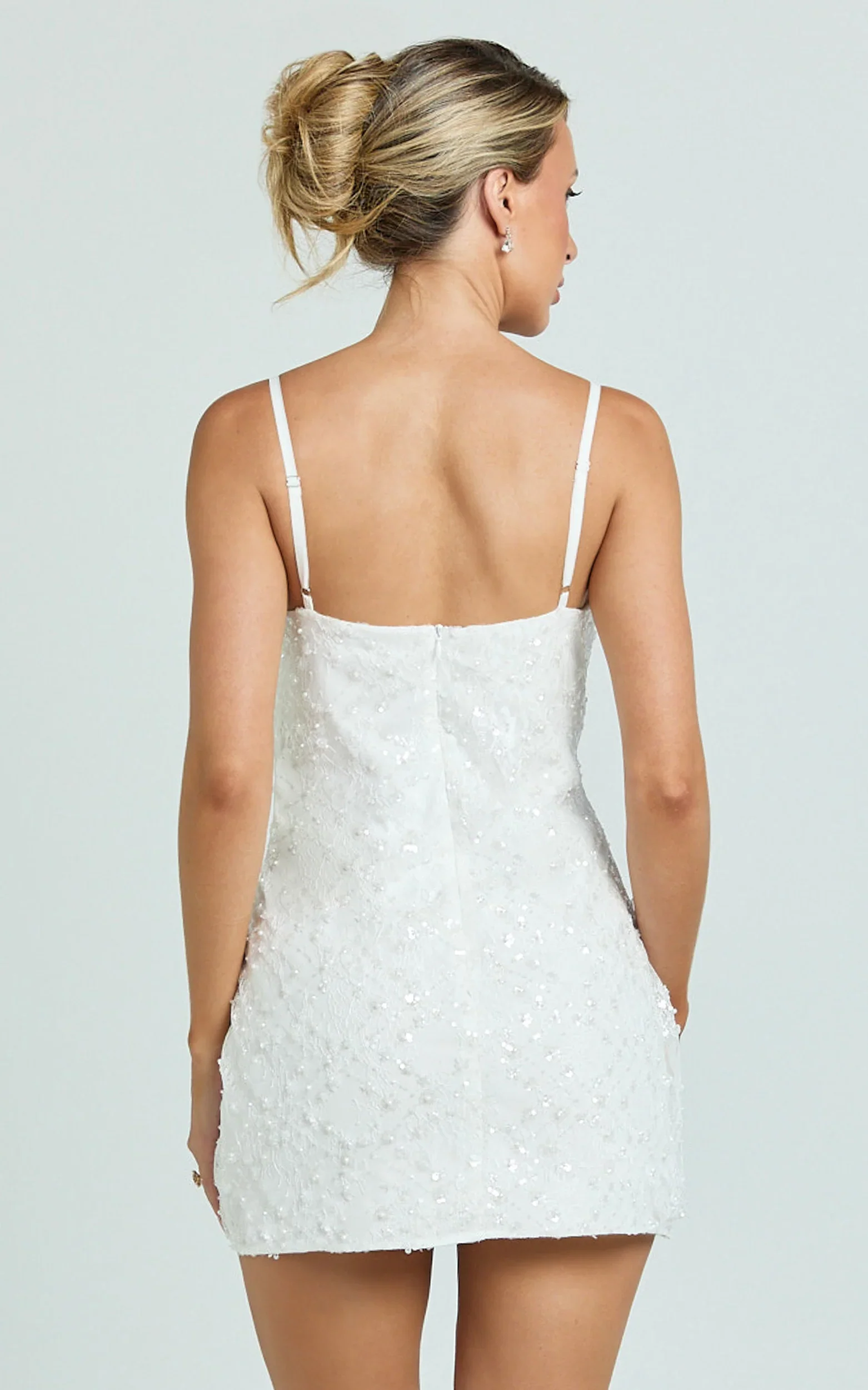 Alana Mini Dress - Sequin Lace Cowl Neck Dress in White - luluinthesky