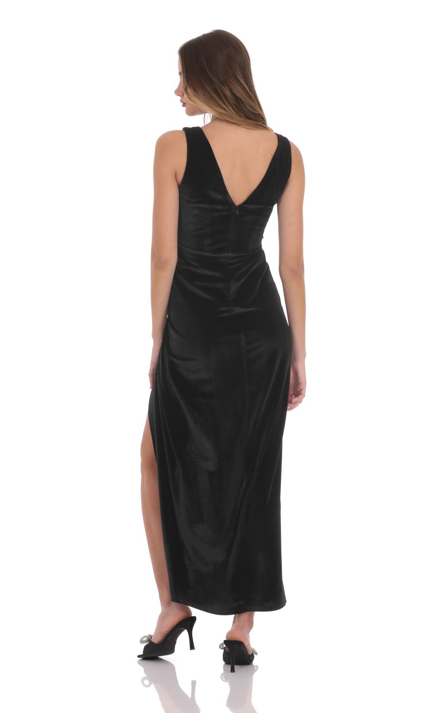 Velvet V-Neck Slit Maxi Dress in Black