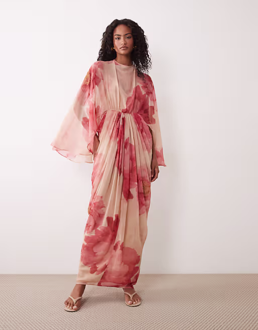 draped cape bodice with skirt and open back with tassel detail maxi dress in pink floral