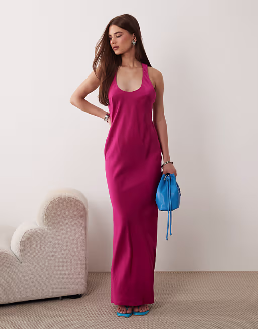 scoop neck satin maxi dress with tie back in hot pink