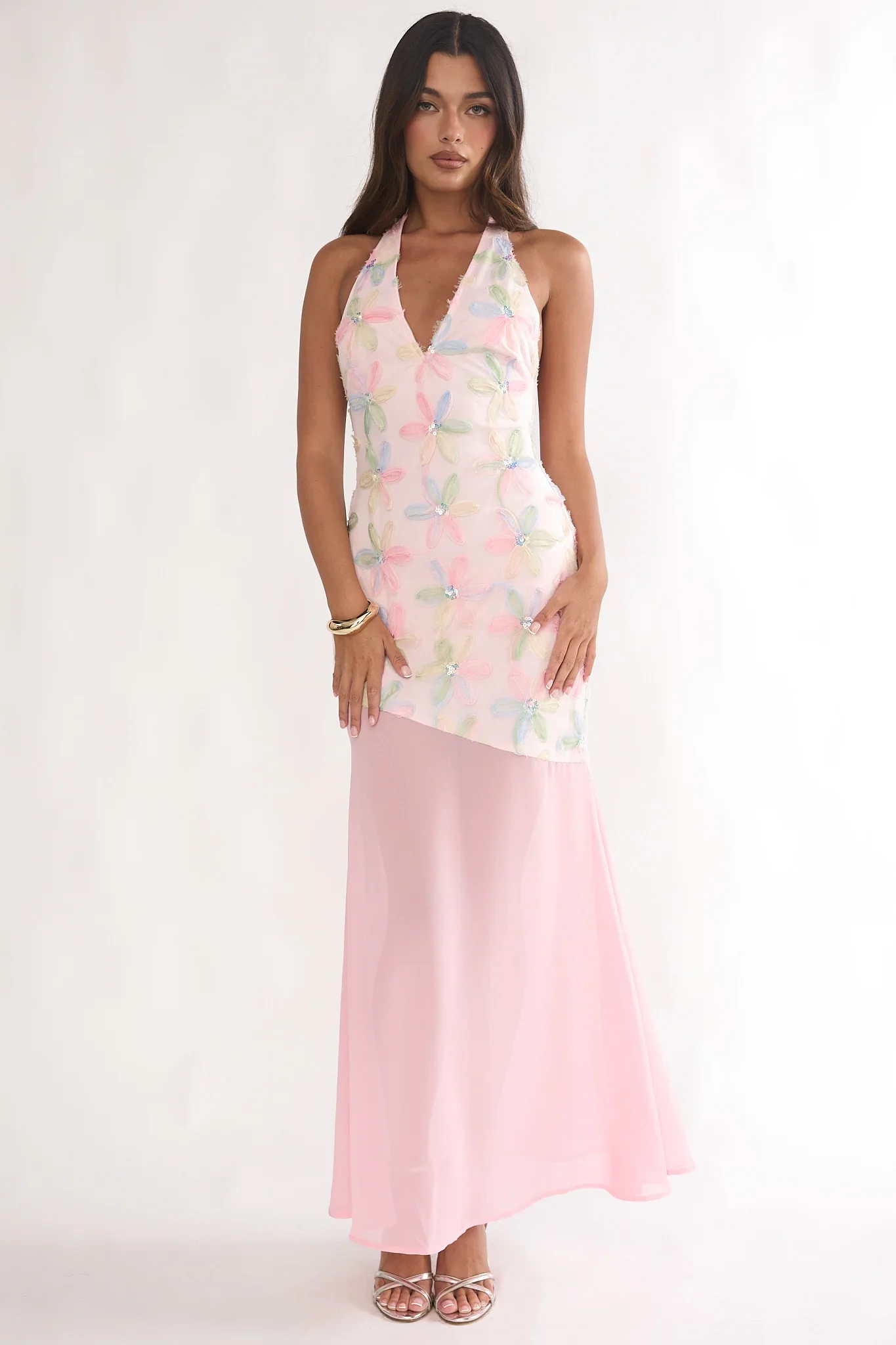 Arles Halterneck Sequin Embellished Maxi Dress Pink