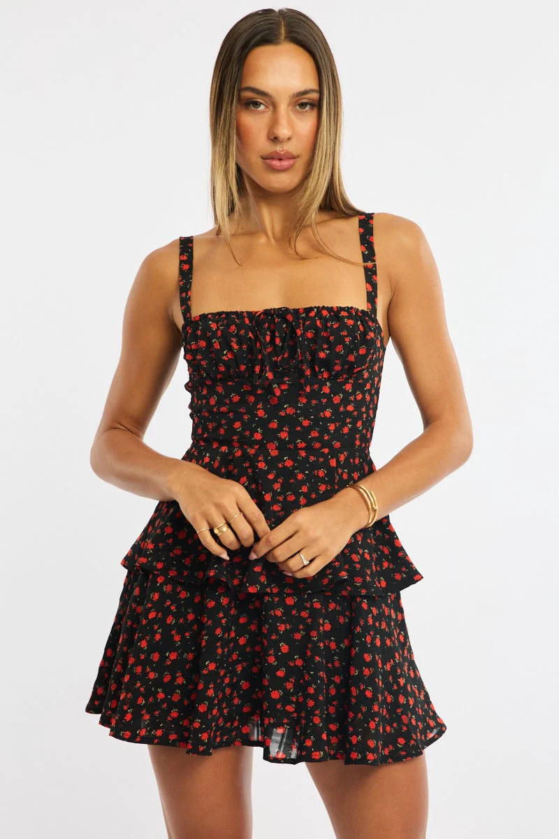Black Ditsy Fit And Flare Dress Square Neck Mini