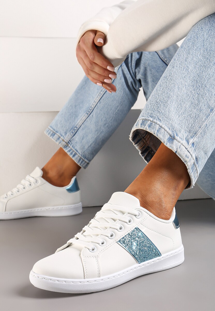 Biało-Złote Sneakersy Sznurowane Ozdobione Brokatem Vistasta
