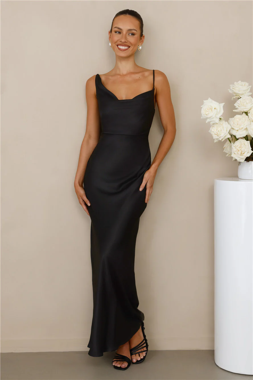 The Madeline Cowl Satin Maxi Dress Black
