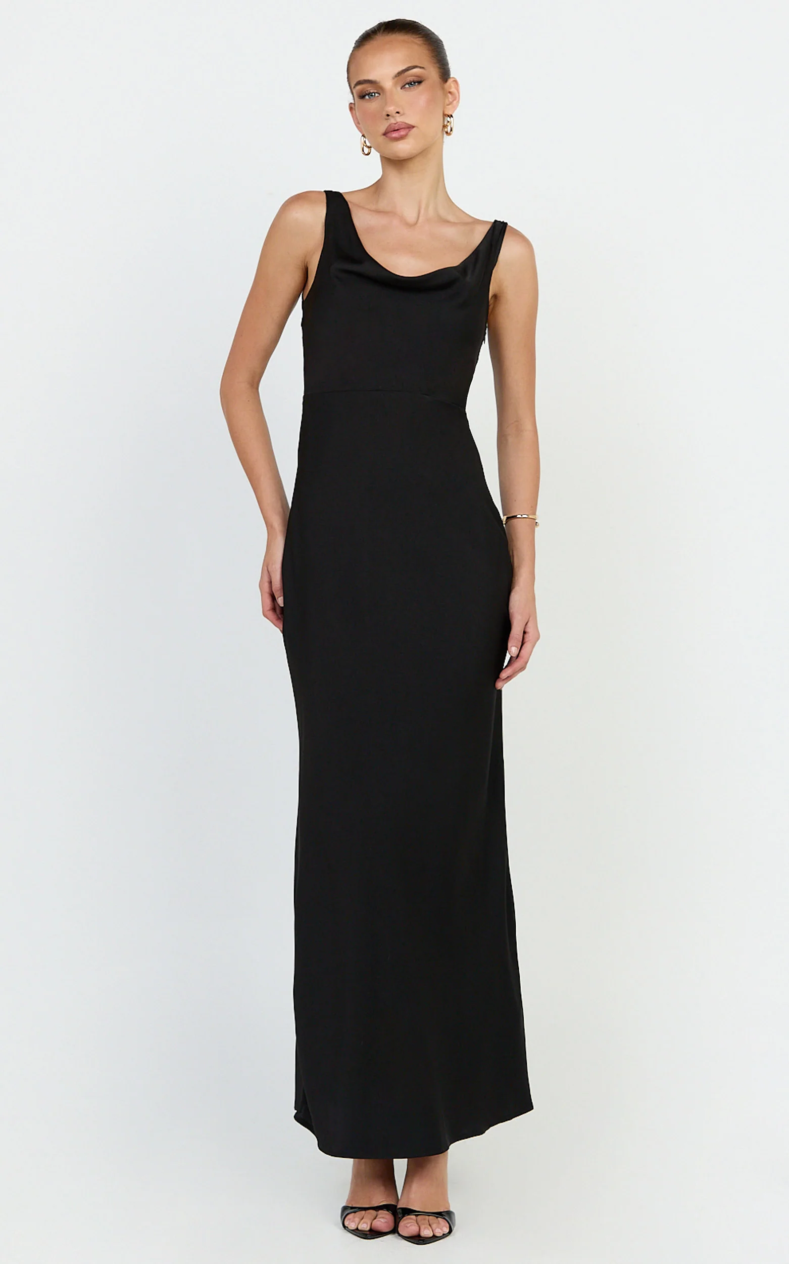 Harlow Maxi Dress - Cowl Neck Scooped Back Slip Dress in Black