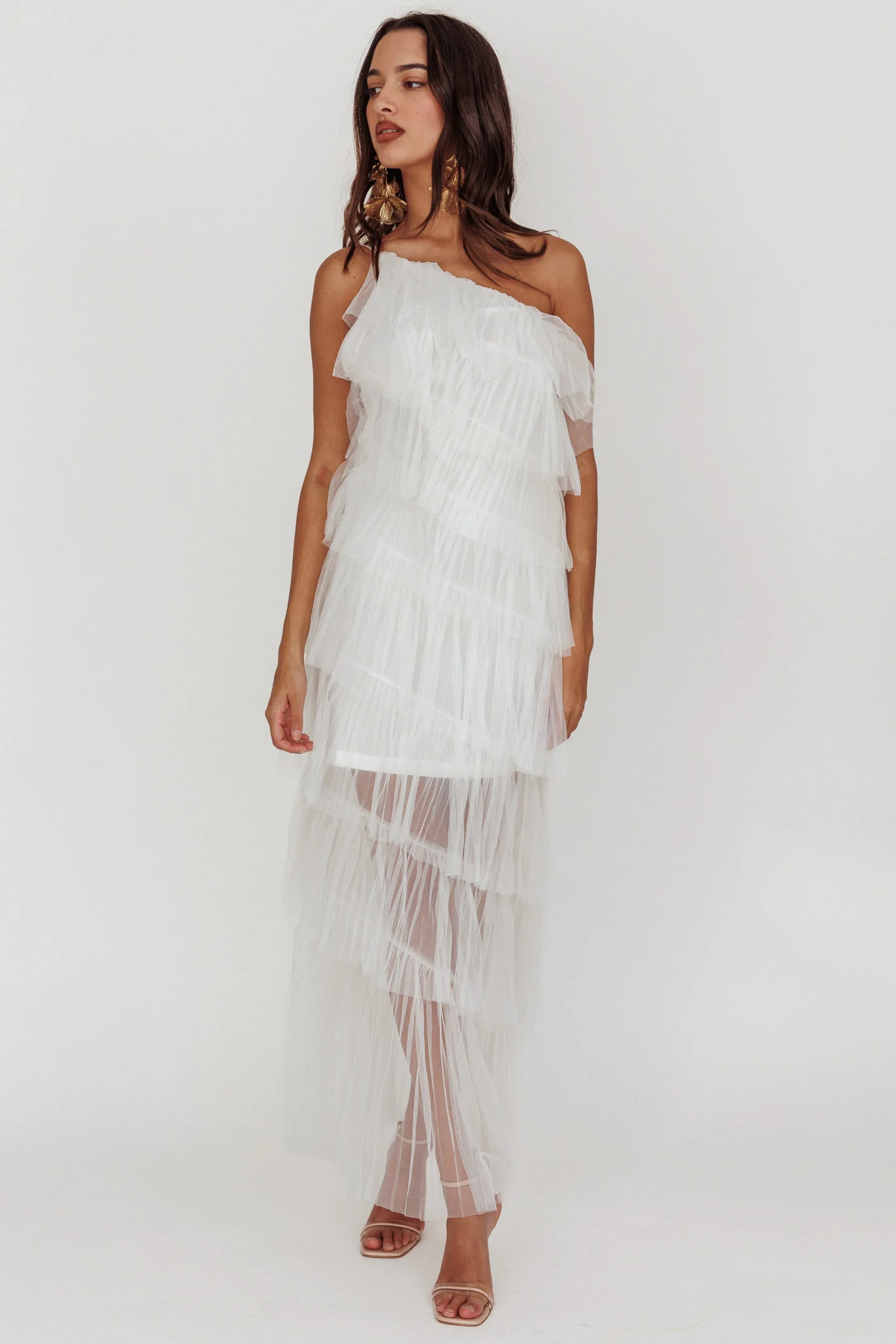 Arrabel Tiered Ruffle Tulle Maxi Dress White