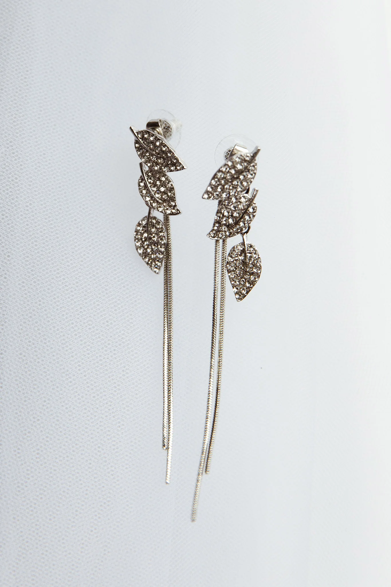Zircon Leaves Tassel Drop Earrings Silver