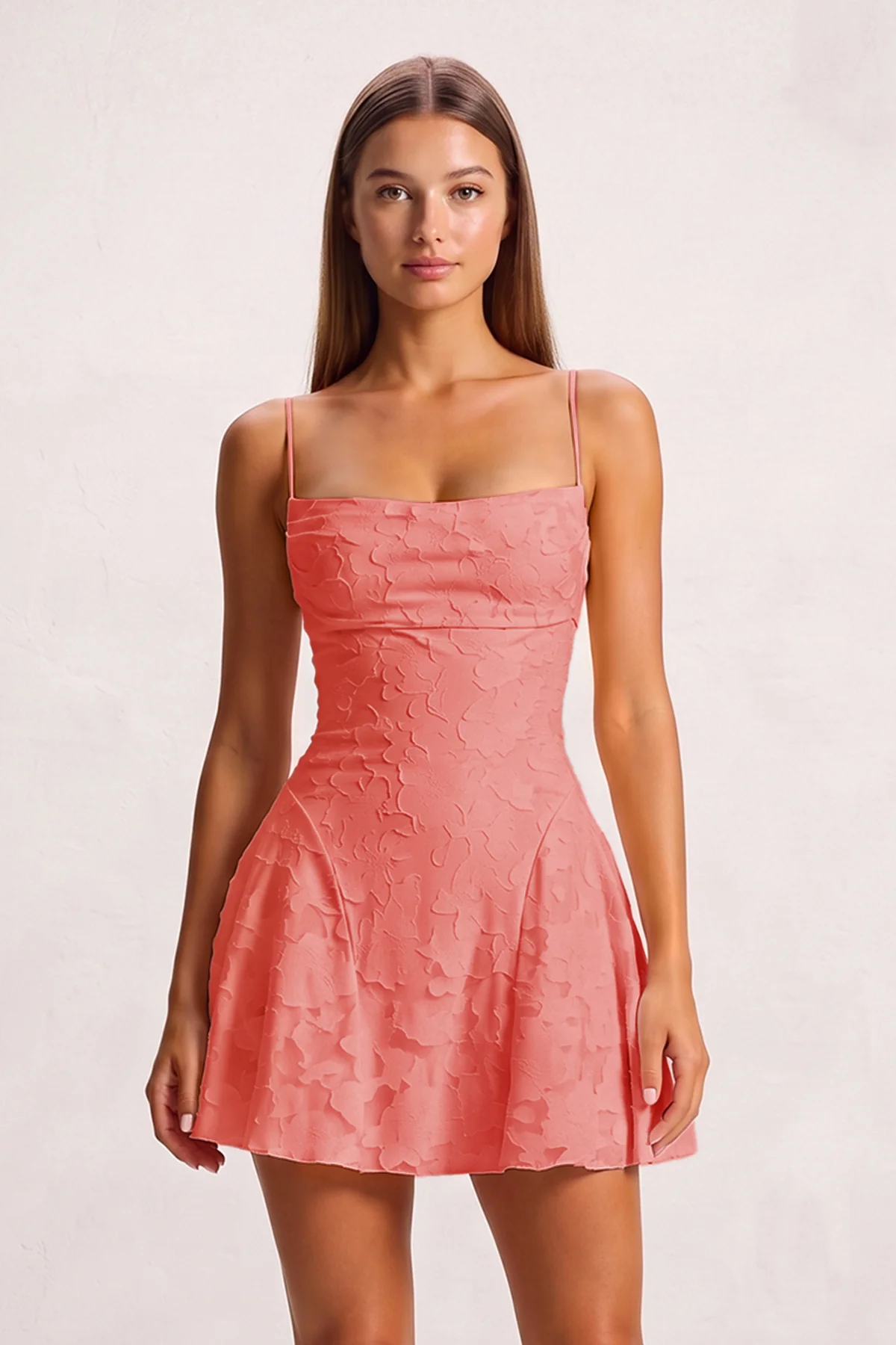Pink Spaghetti Straps Jacquard Chiffon A-Line Homecoming Dress