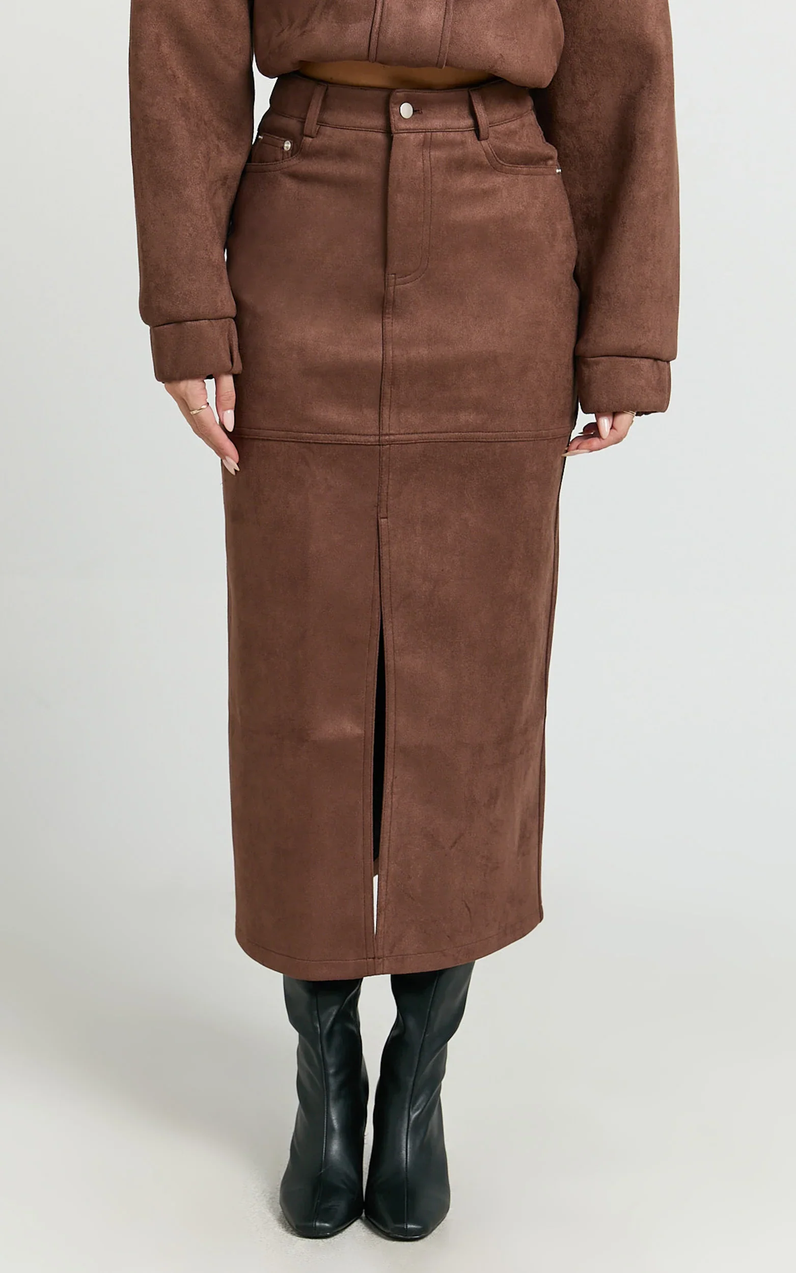 Nessa Midi Skirt - High Waisted Fitted Suede Skirt in Dark Chestnut