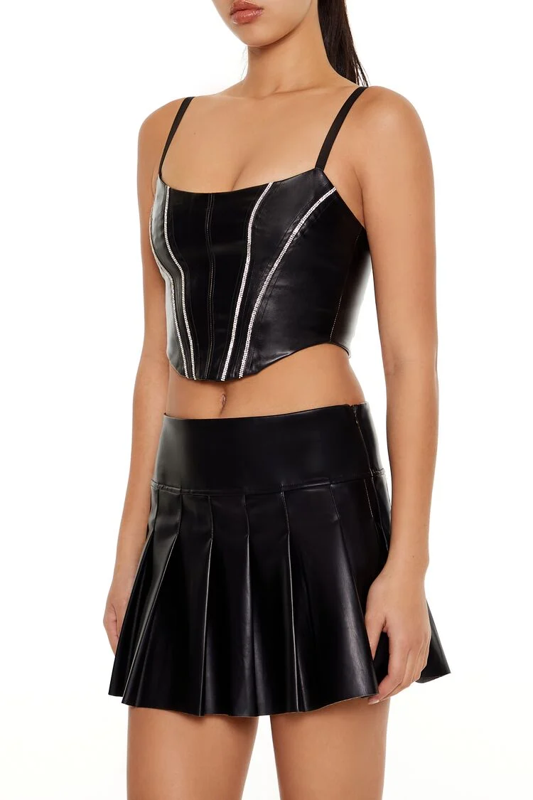 Rhinestone Faux Leather Bustier Cami