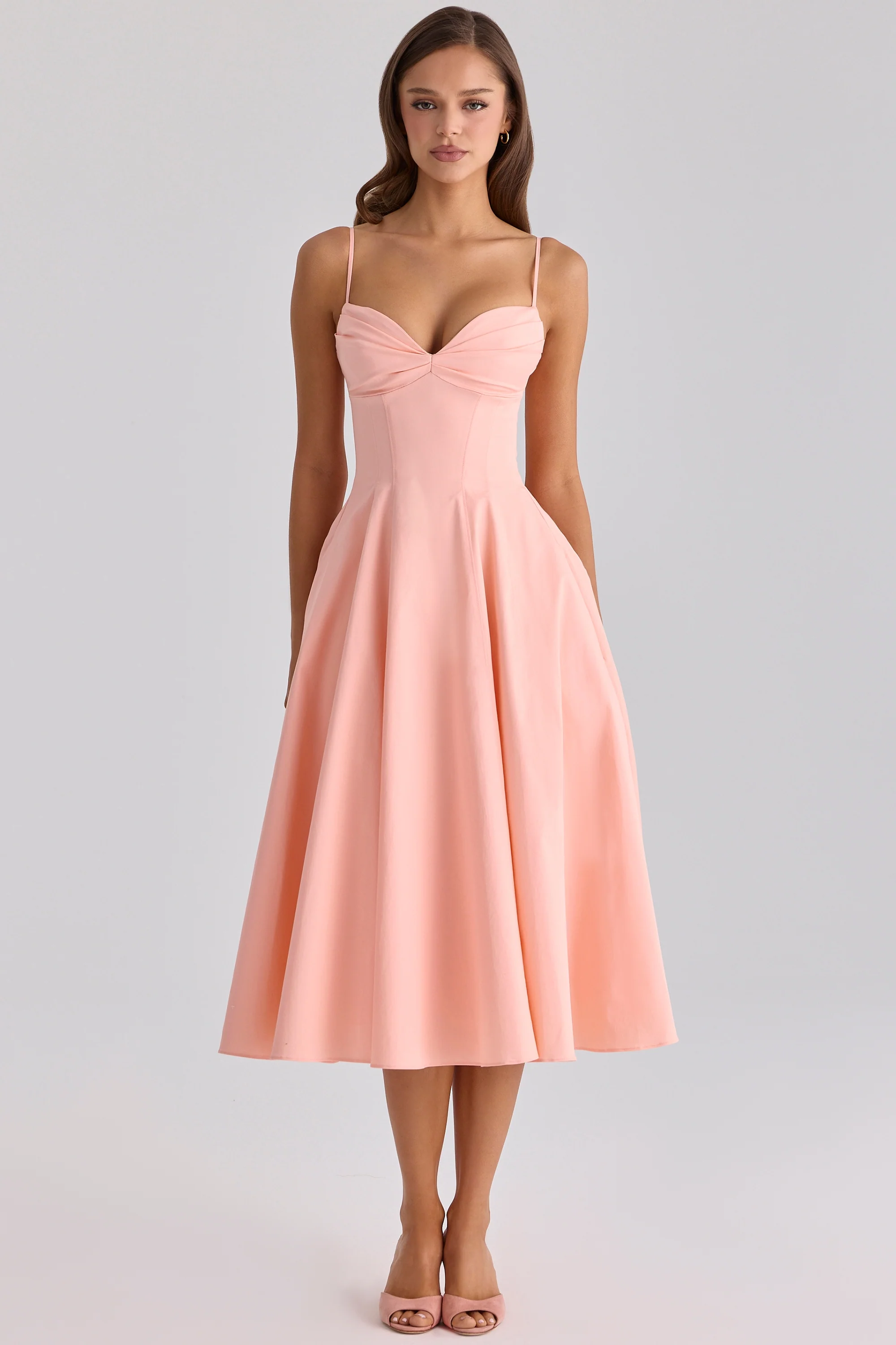 Peach Cotton Pleated Midi Sundress