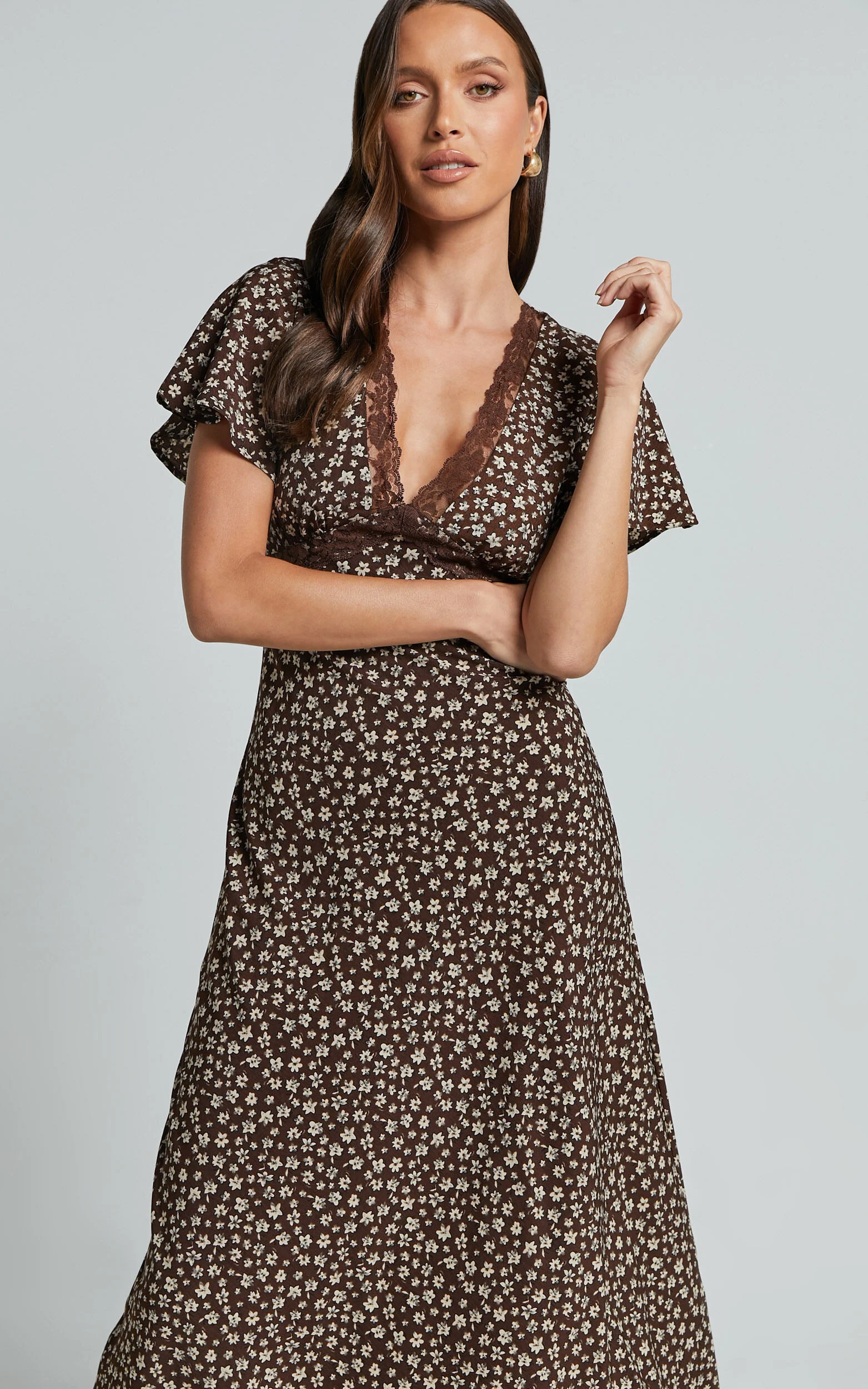 Vanya Midi Dress - V Neck Short Sleeve Lace Trim Tie Back Slip Dress in Chocolate Floral