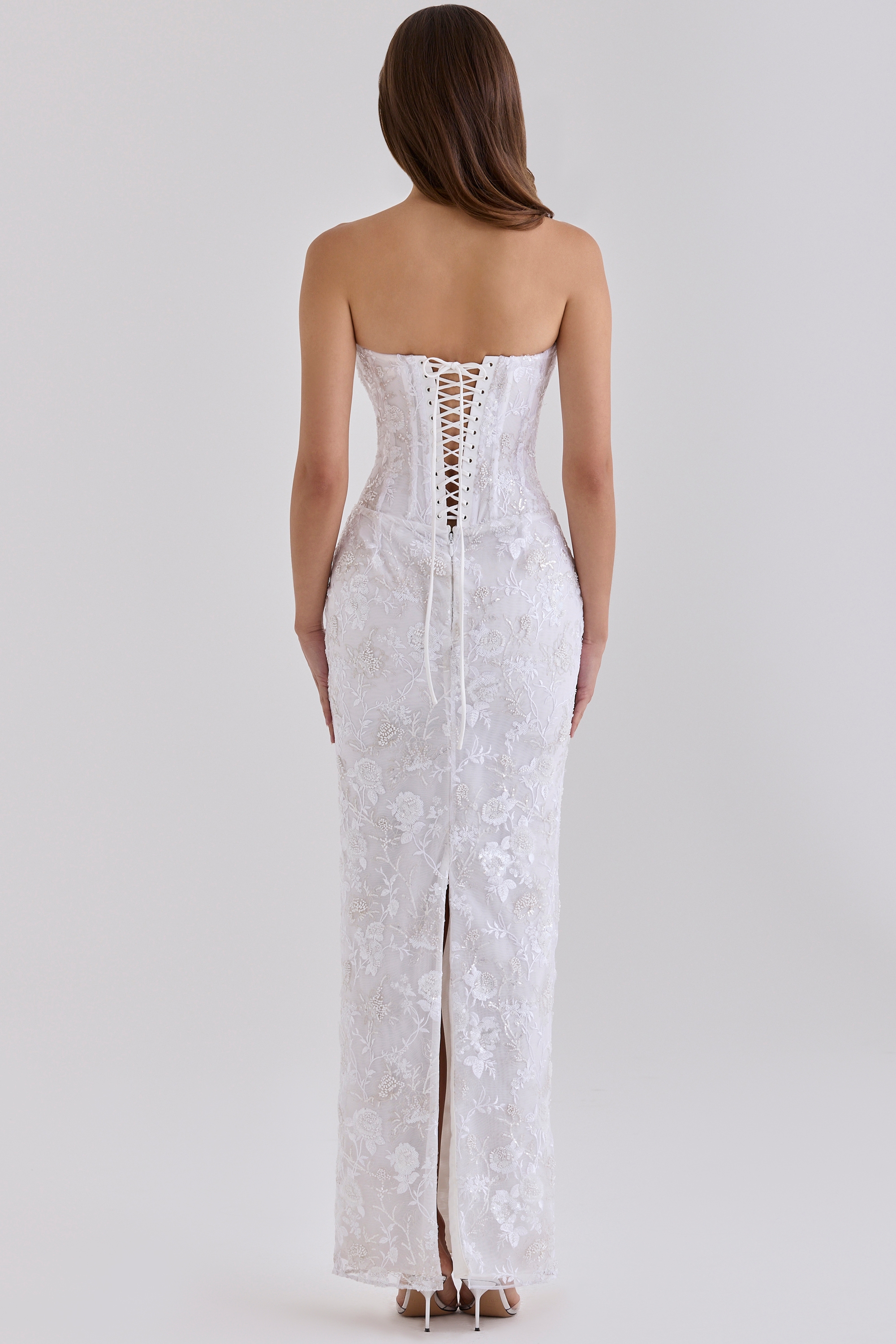 White Hand Beaded Embellished Strapless Maxi Dress