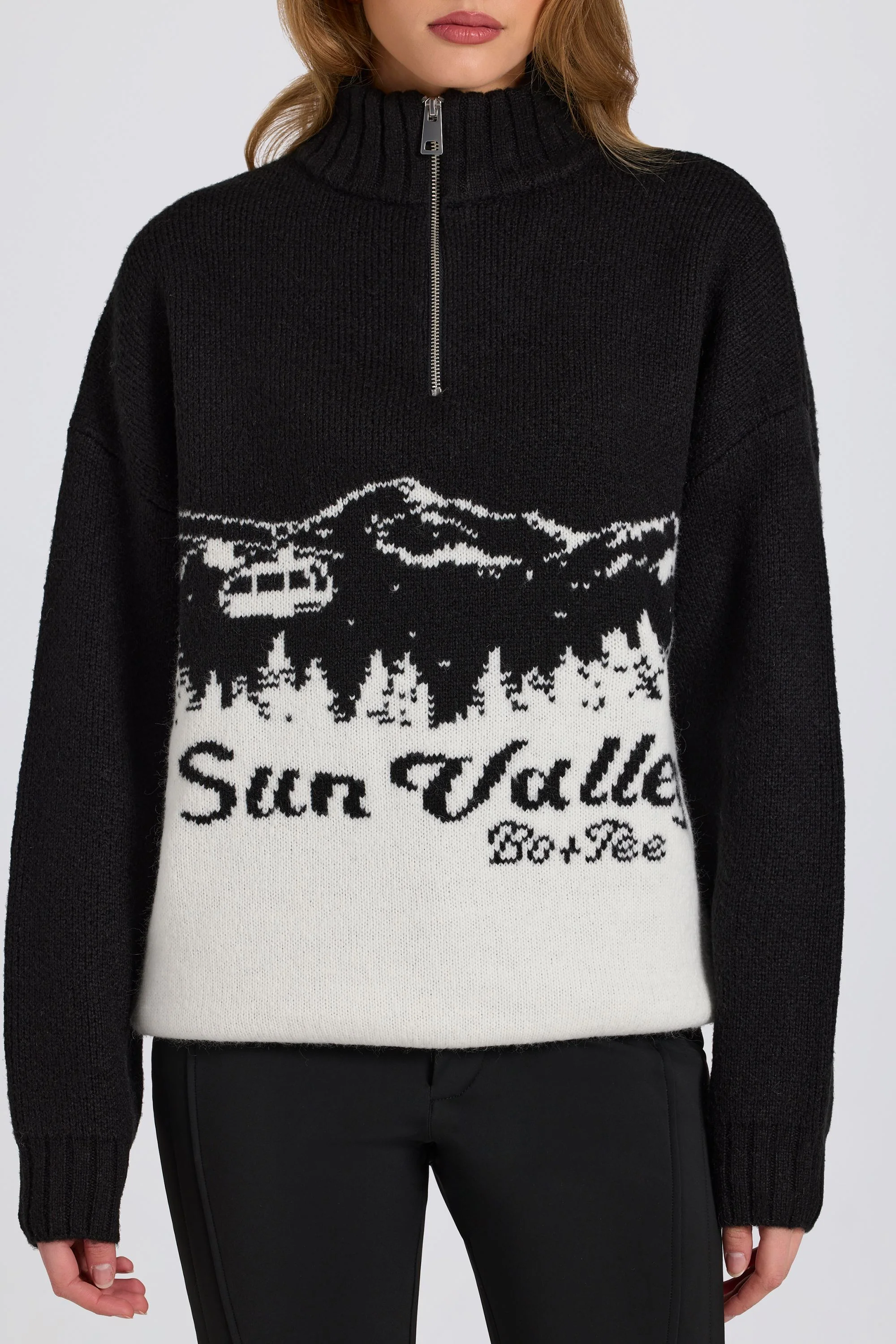 Knit Quarter-Zip Turtleneck Oversized Jumper in Black