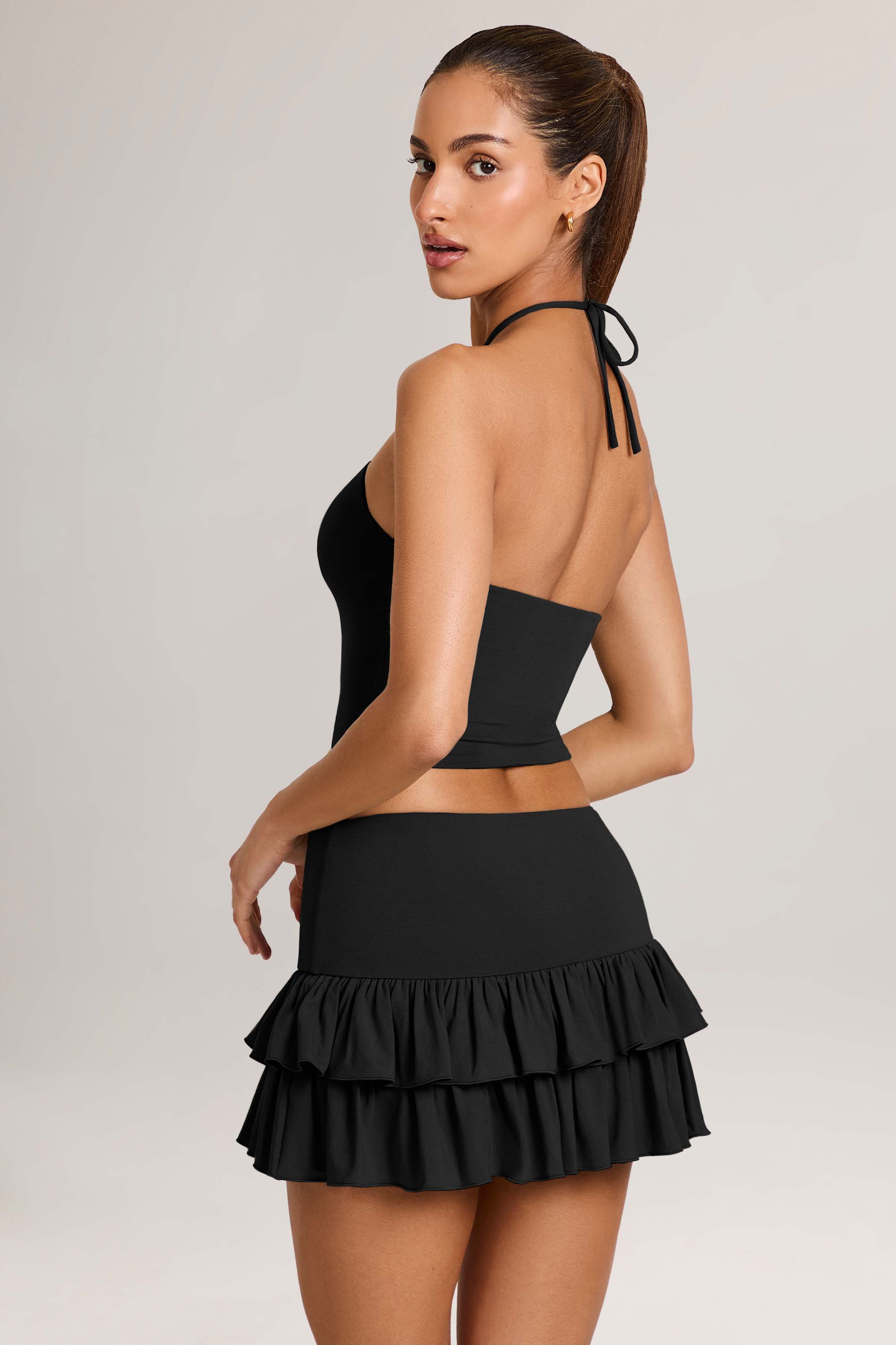 Modal Ruffle Mid-Rise Mini Skort in Black