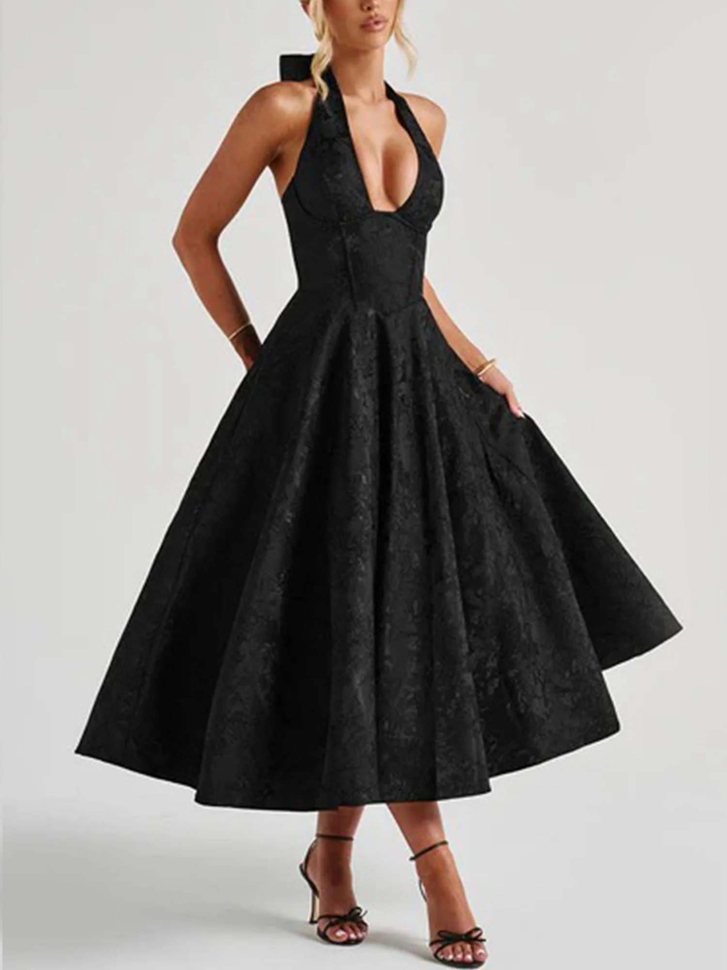 Black Halter Flared Midi Dress