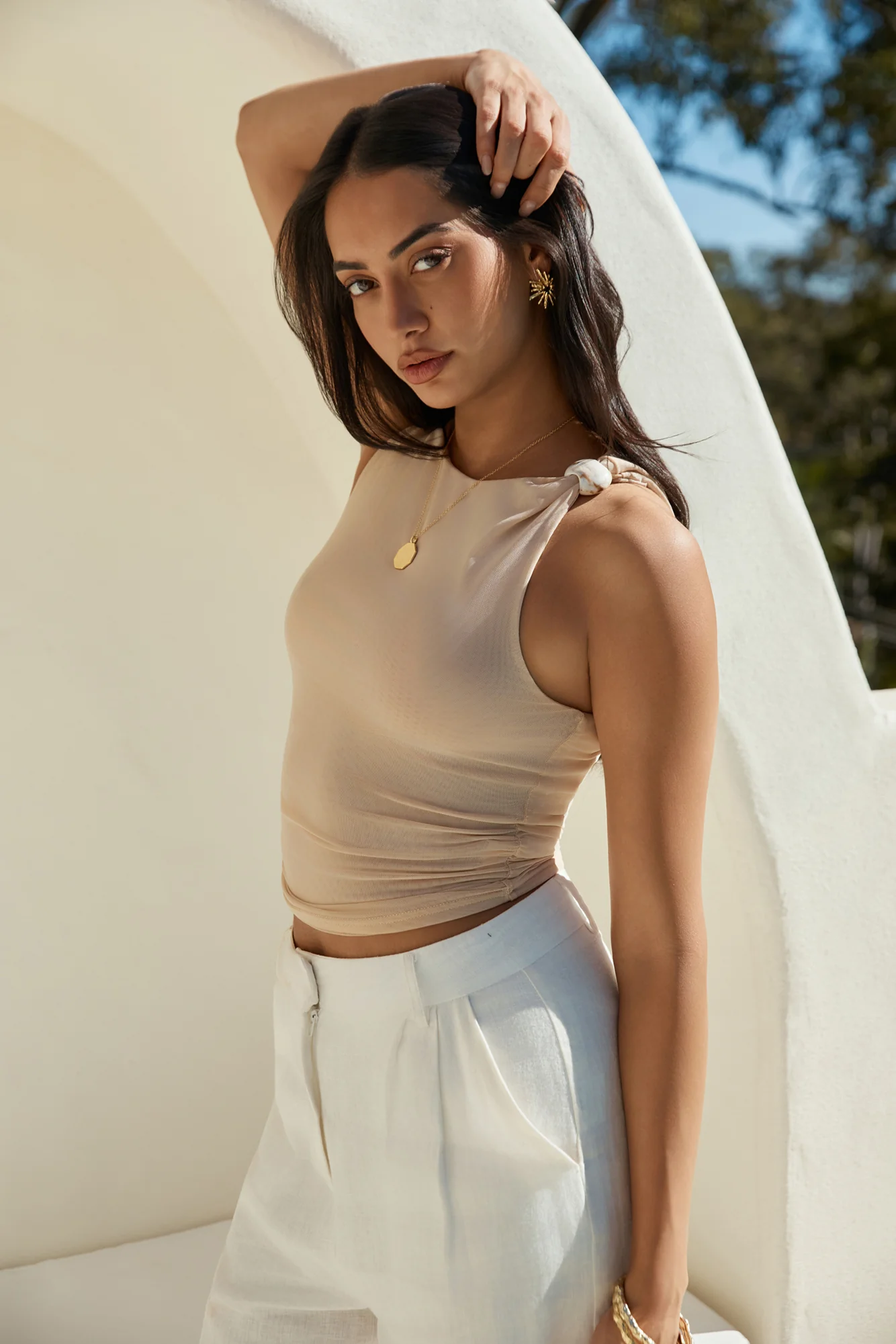 Calling For You Mesh Crop Top Beige
