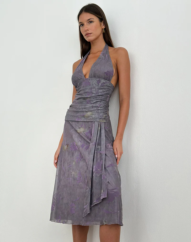Rokoyo Halterneck Midi Dress in Flare Flower Purple