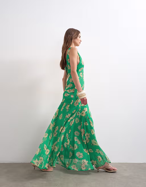 Topshop chiffon maxi dress with seam detailing in green floral