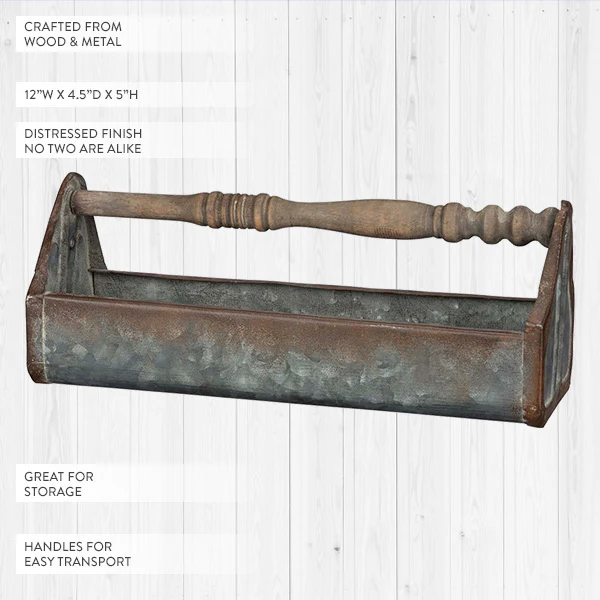 Rusted Patina Galvanized Metal Caddy With Wood Spindle Handle