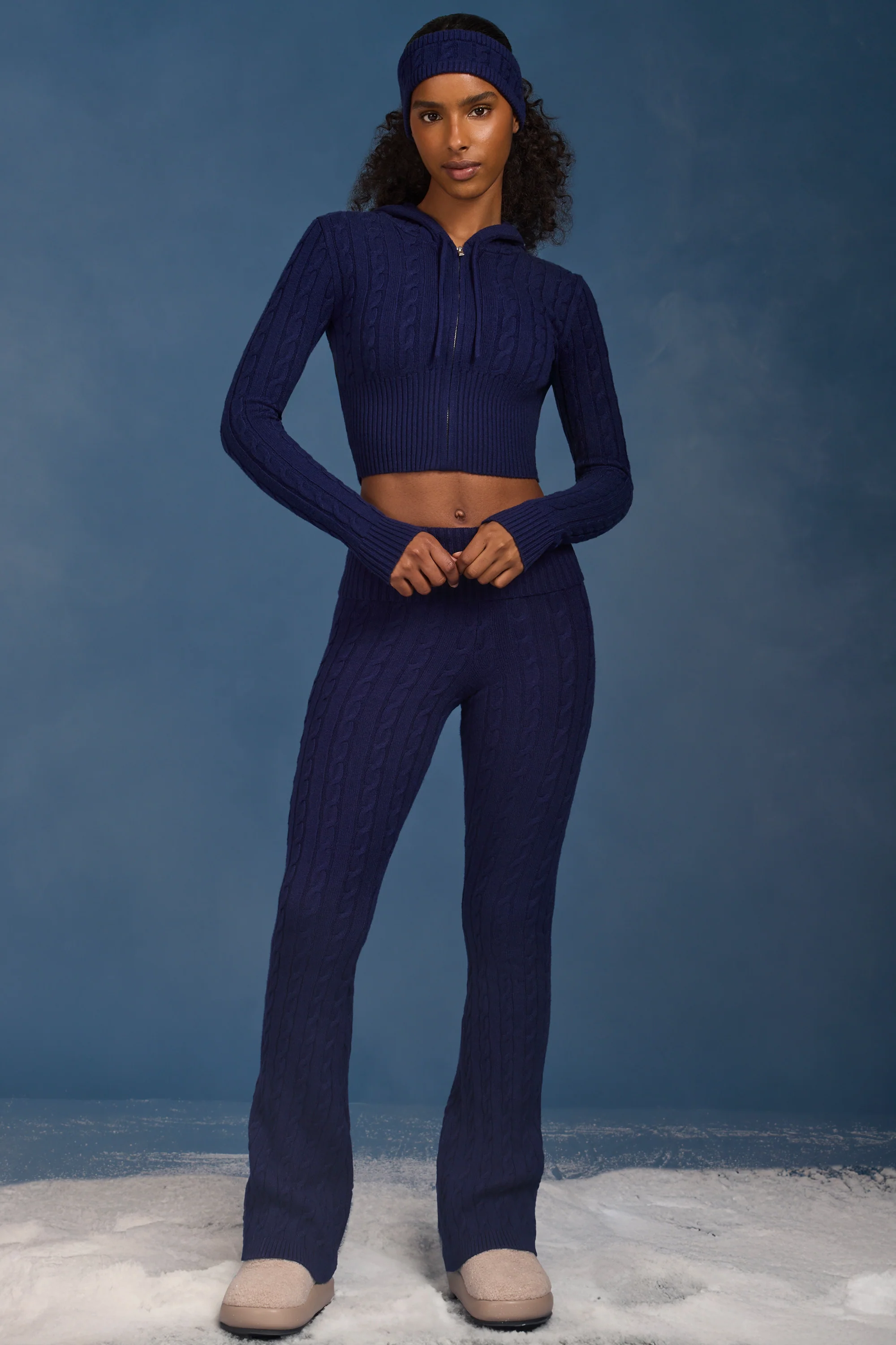 Cable Knit Foldover Flared Trousers in Navy