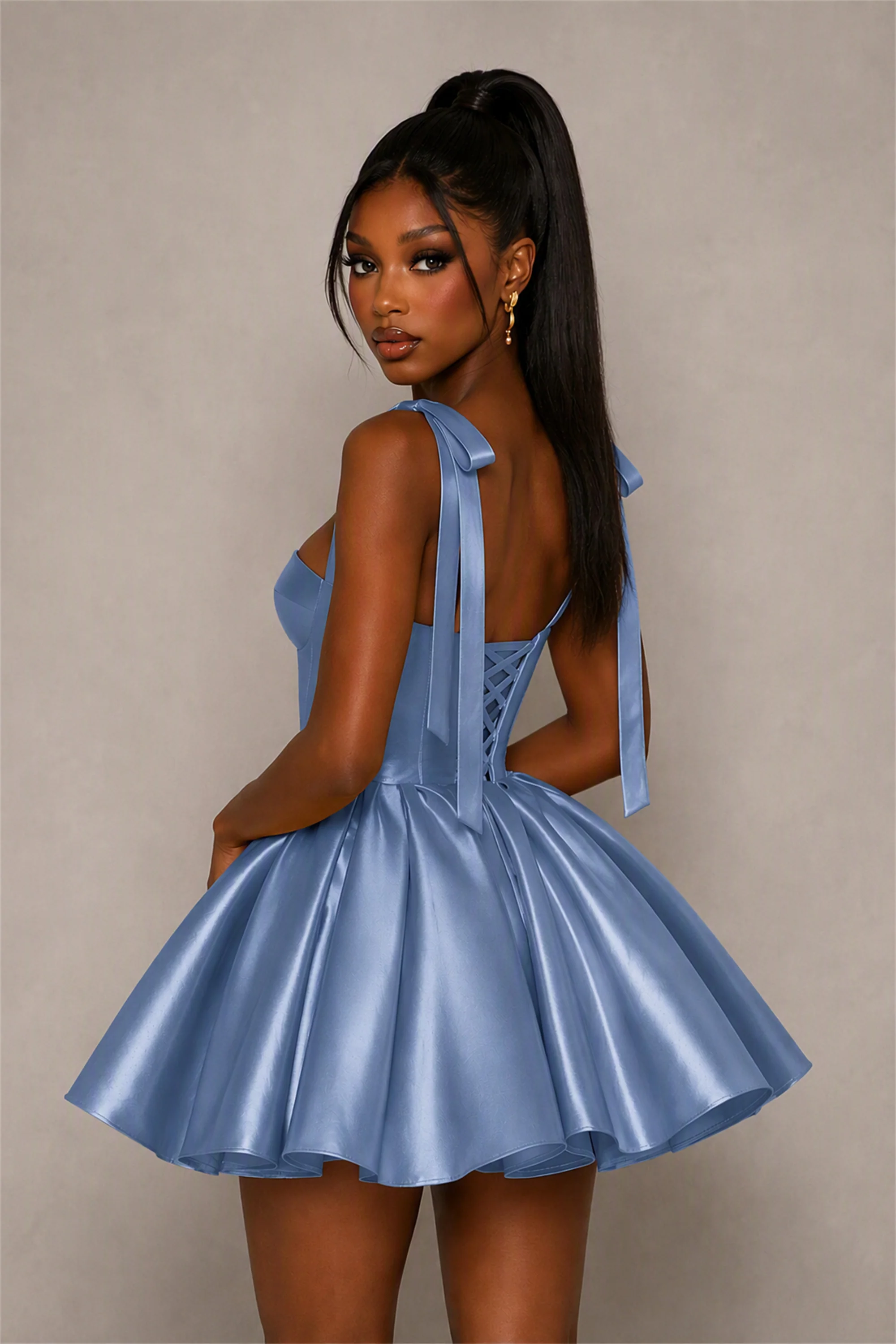 BOLODOO Dusty Blue Satin Sweetheart Corset Bow Strap Lace-Up Open Back Full Skirt Mini Dress | Prom Cocktail Party Dress