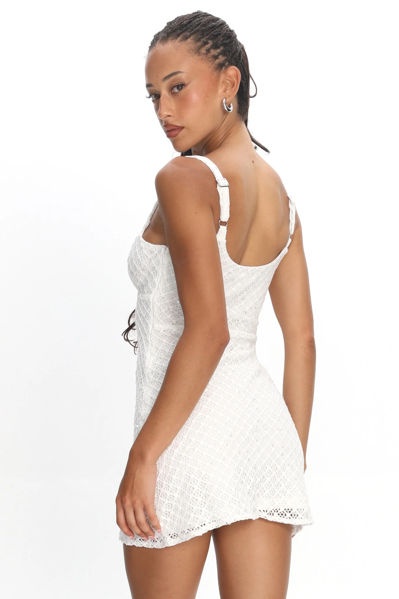 Honduras Crochet Knit Mini Dress Sequin Off White - luluinthesky