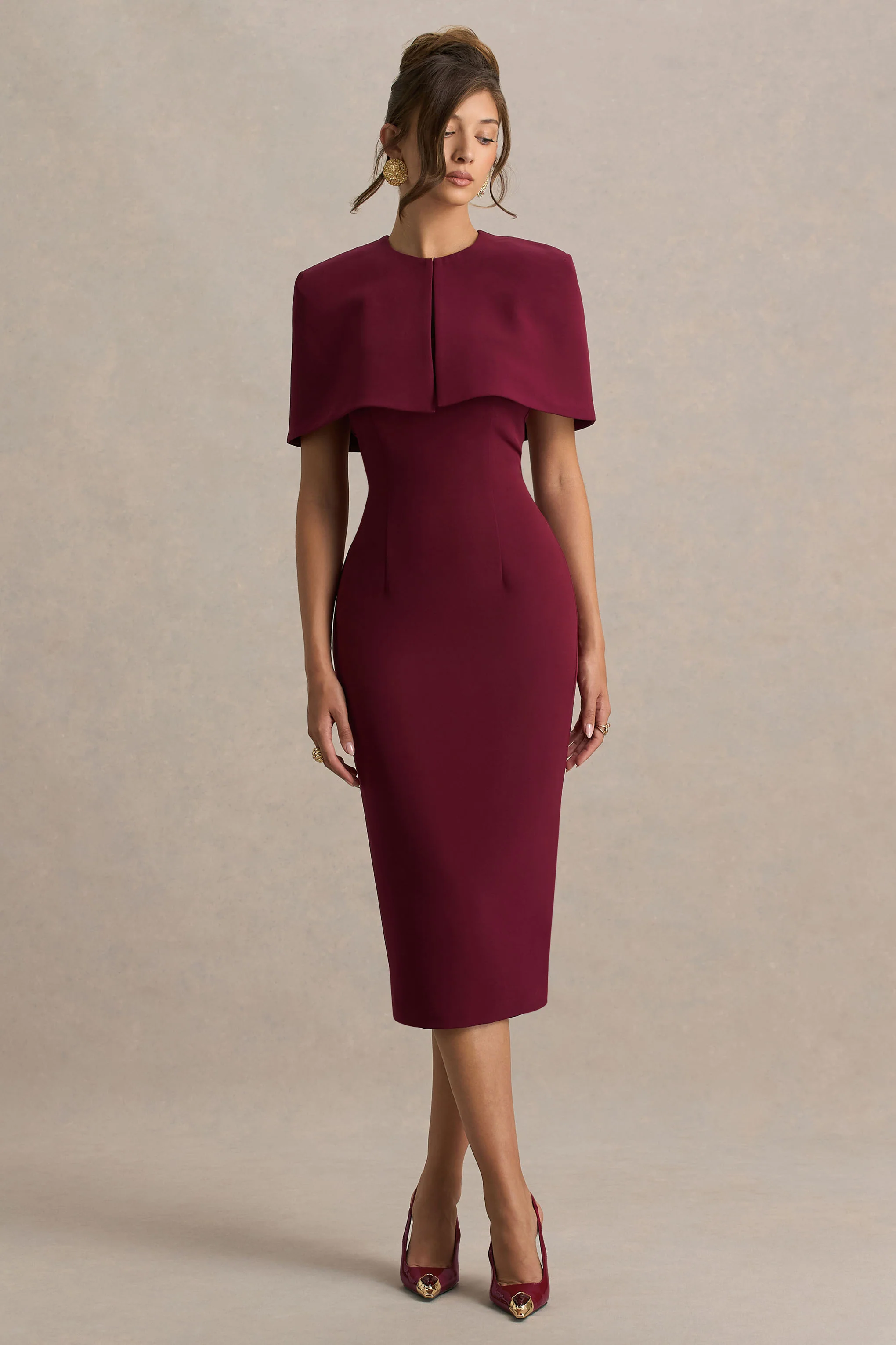 Baylor | Burgundy Midi-Dress With Removable Cape