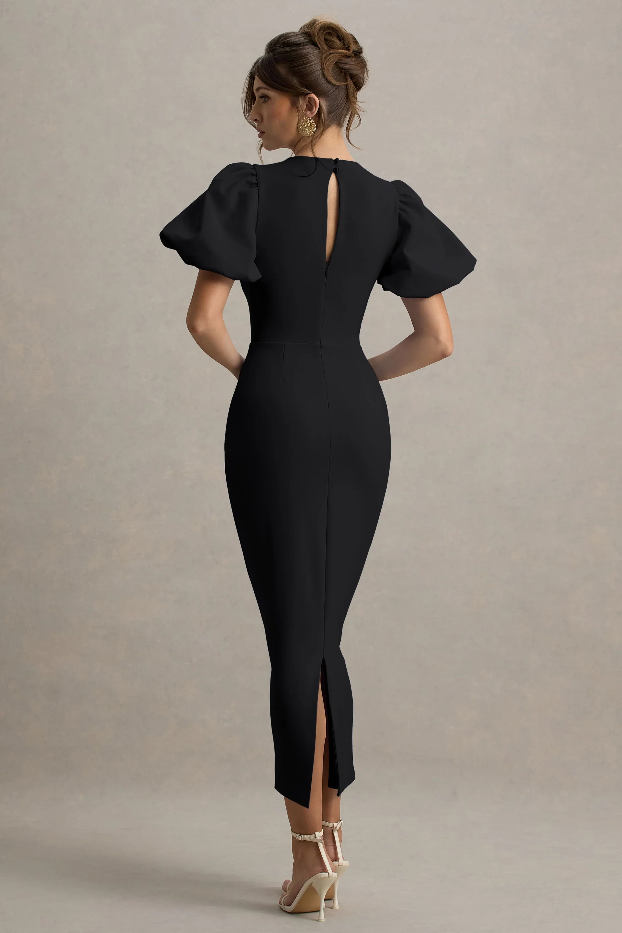 Dakota | Black Puff-Sleeve Midi Dress