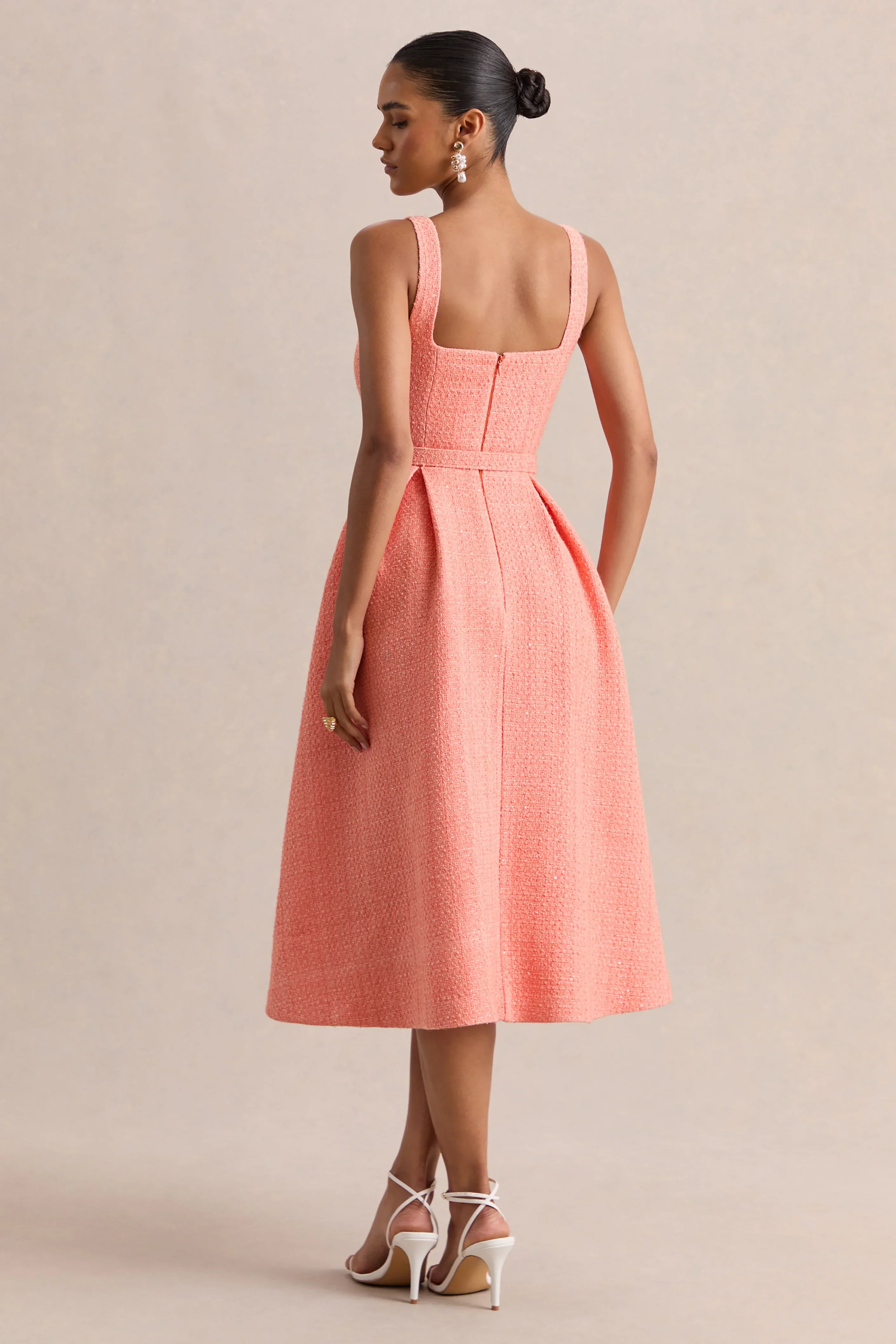 Camoria | Coral Boucle Square-Neck Midi Dress