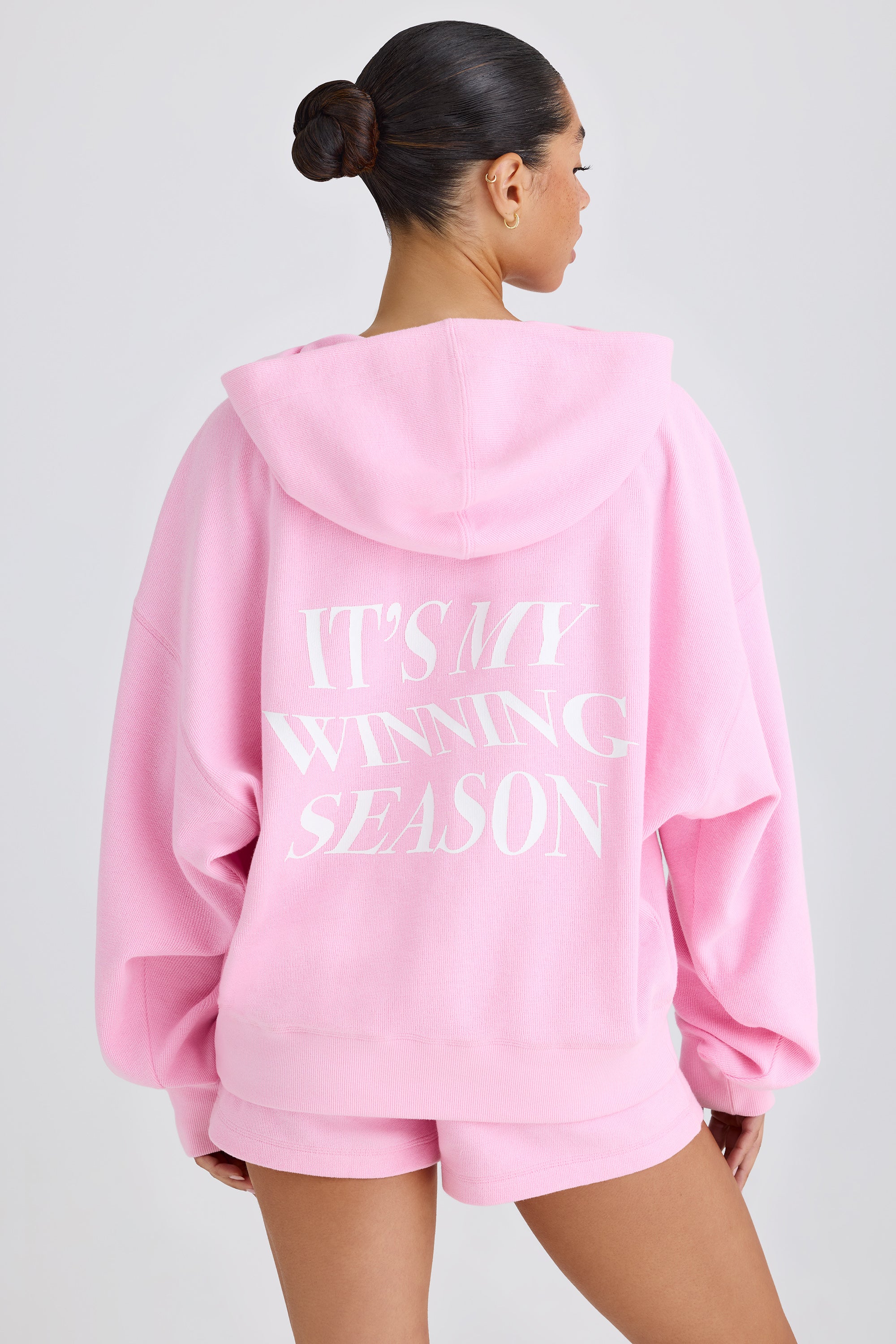 Textured Cotton Jersey Graphic Print Hoodie in Bubblegum Pink