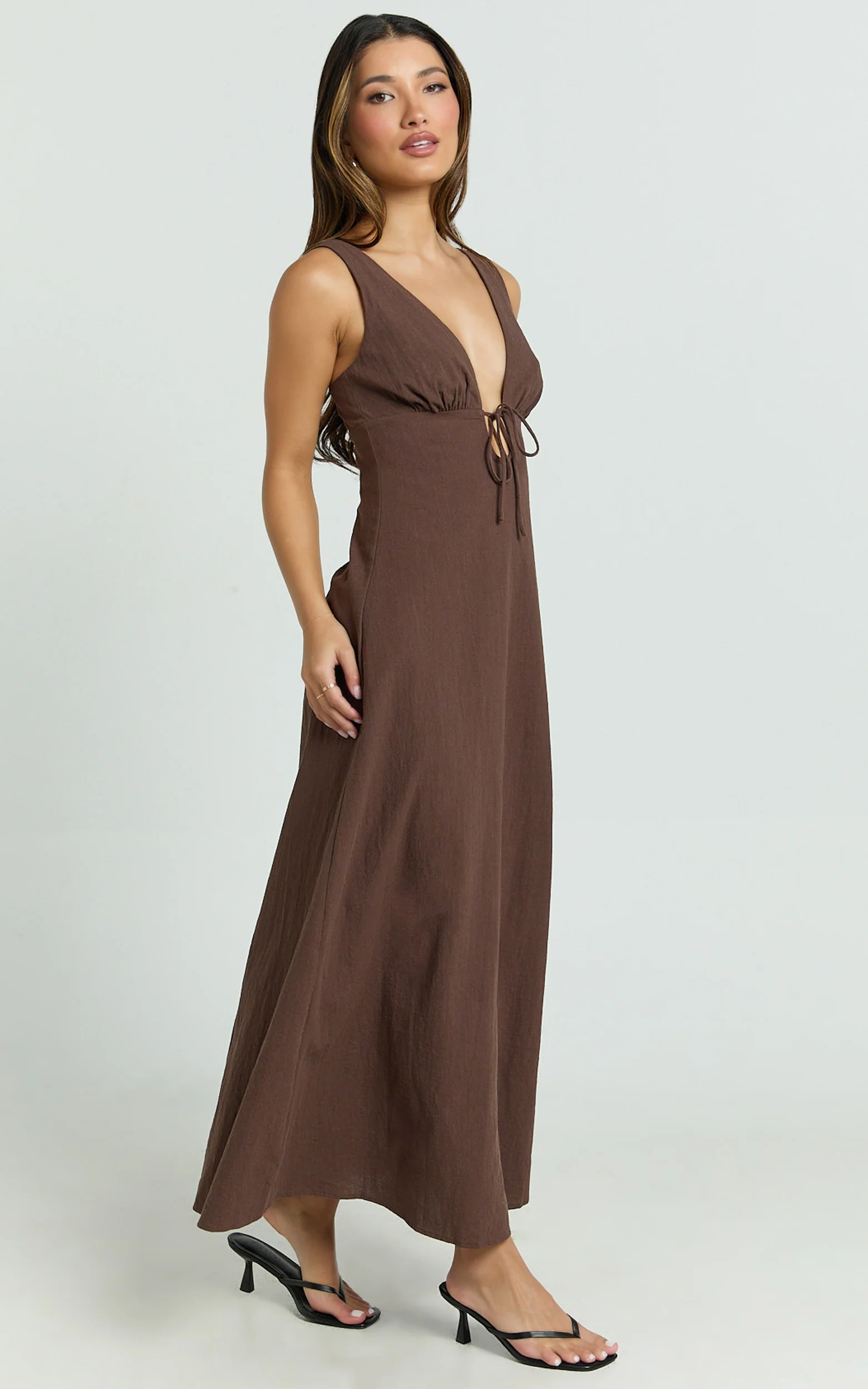 Silvena Midi Dress - Plunge Neckline Tie Front A Line Dress in Chocolate