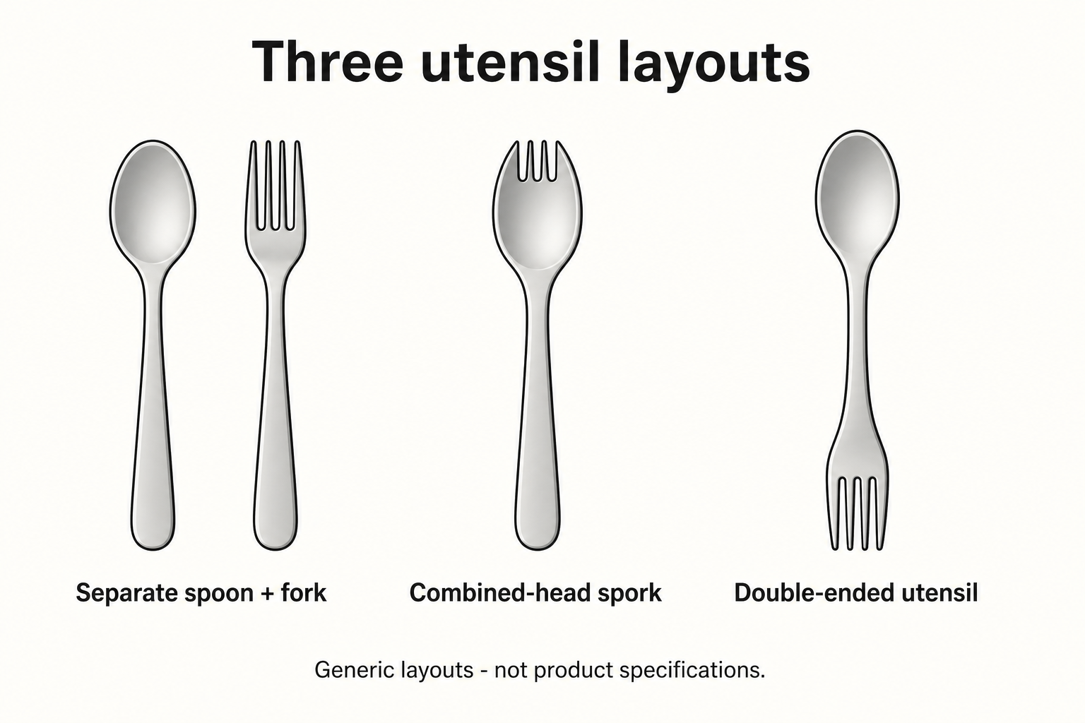 Generic diagrams compare a separate spoon and fork, a combined-head spork, and a utensil with a spoon and fork at opposite ends.