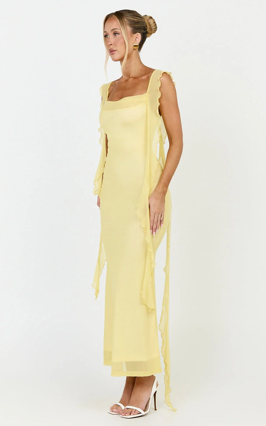 Rosha Midi Dress - Ruffle Strap Dress in Butter