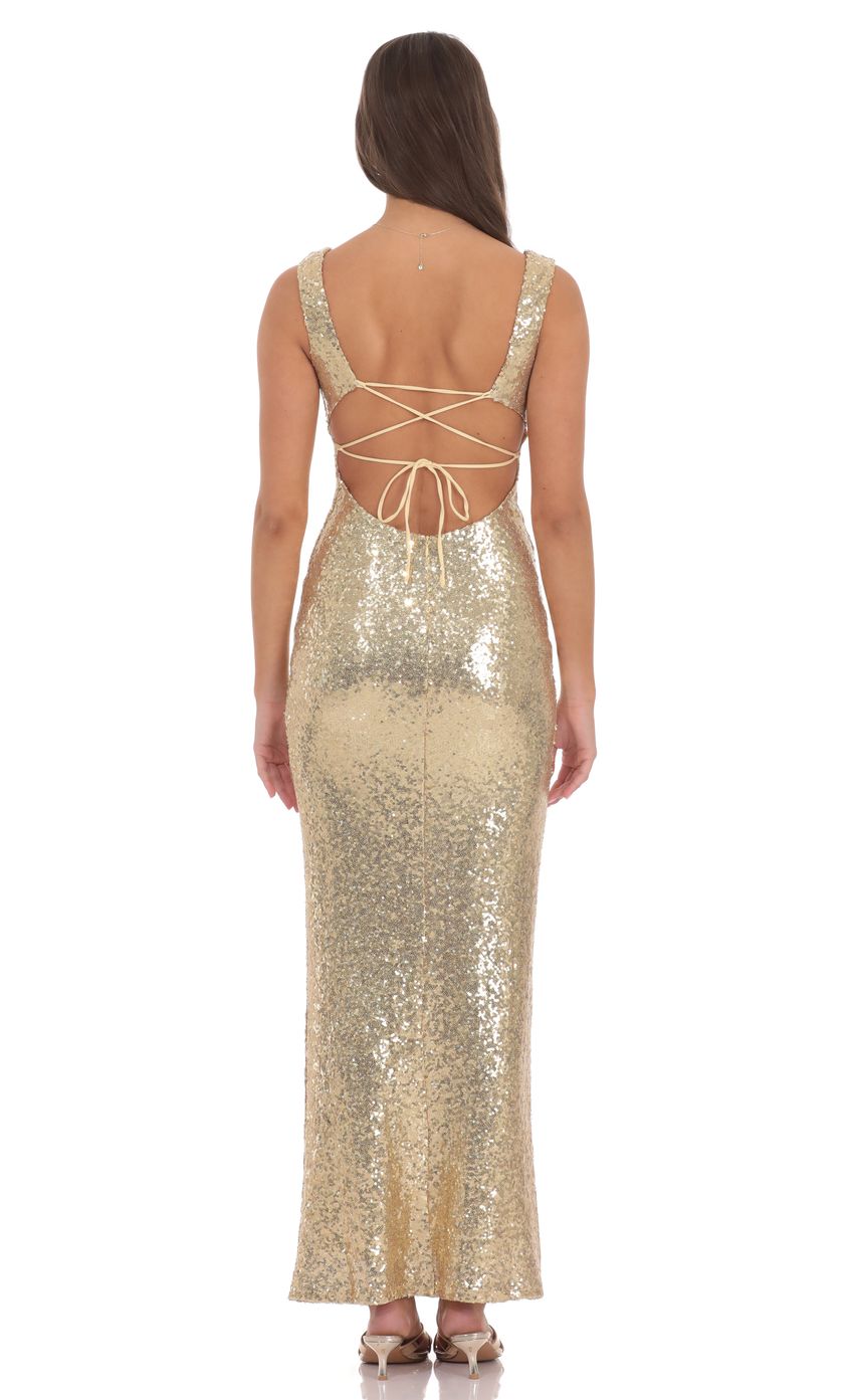 Sequin Square Neck Fitted Maxi Dress in Gold - luluinthesky