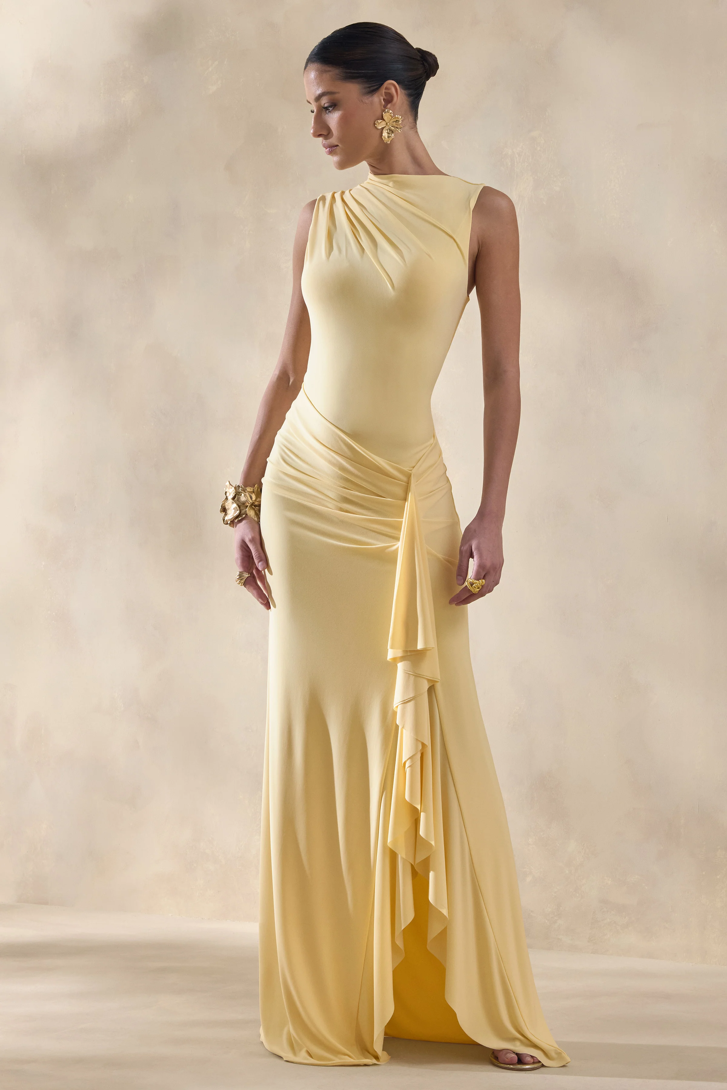 Helessia | Lemon Asymmetric-Neck Maxi Dress With Gathered-Detailing And Sash