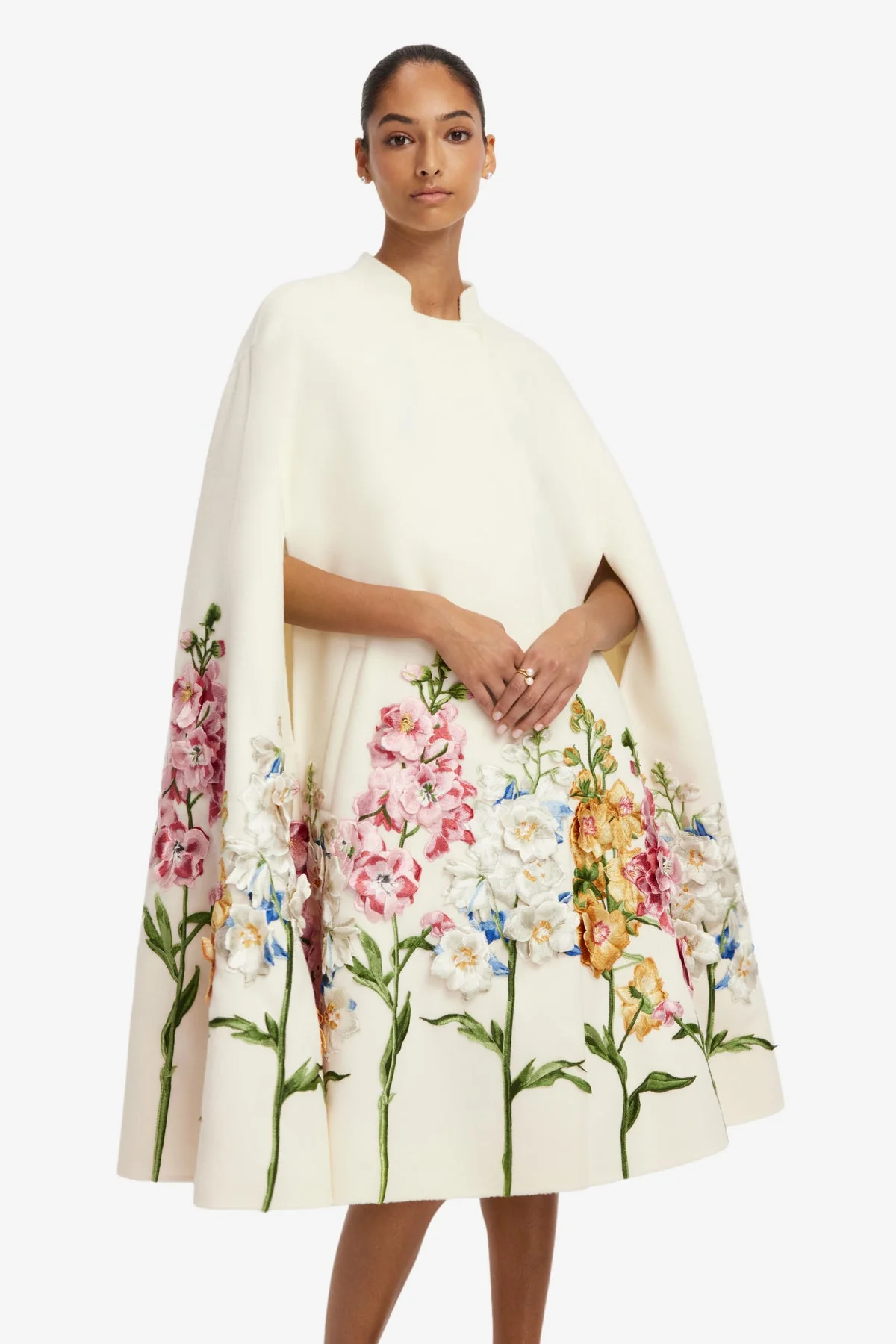 Clover Embroidered Wool Cape Jacket - Snapdragon Print in Snow
