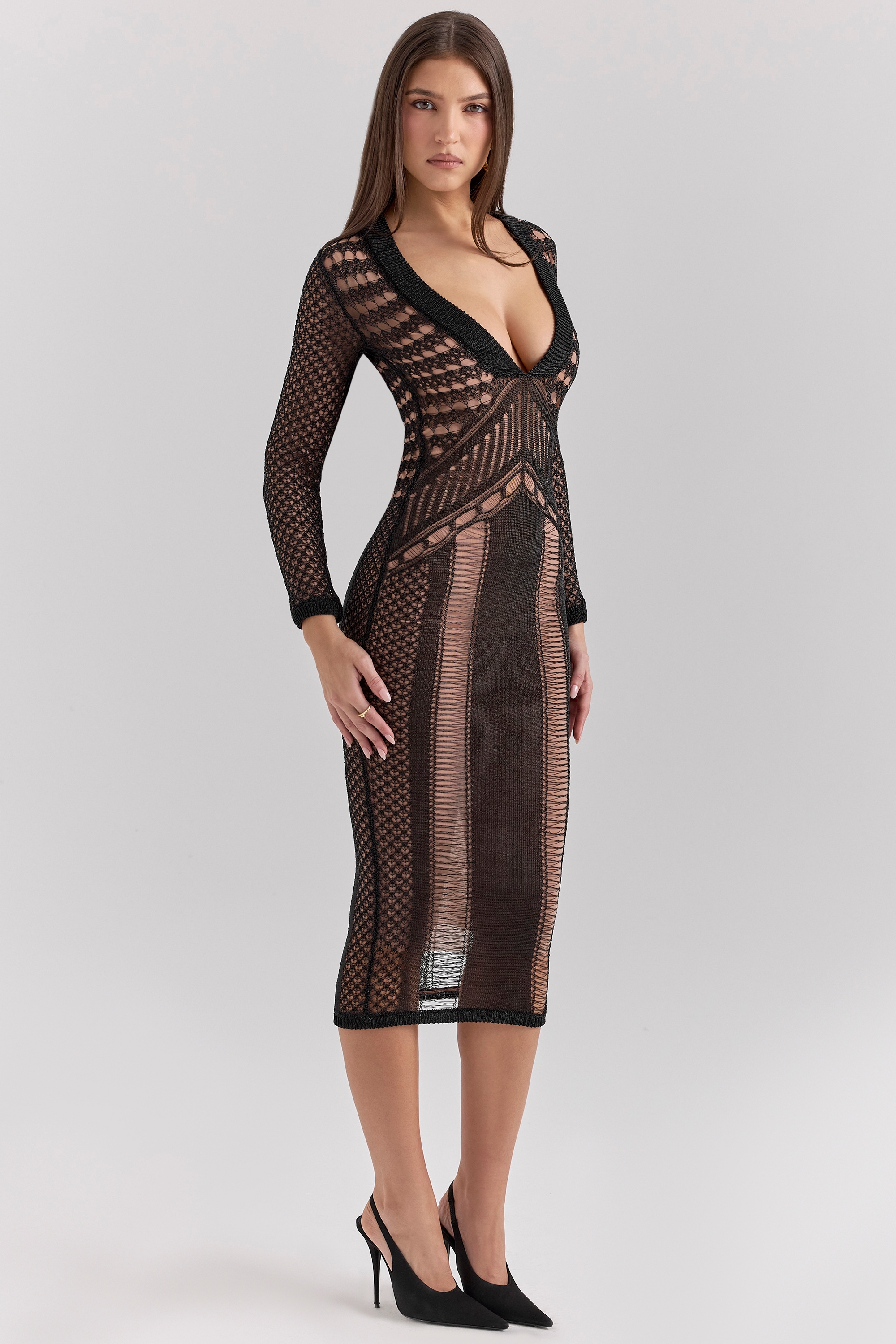 Black Plunge Open Knit Midi Dress