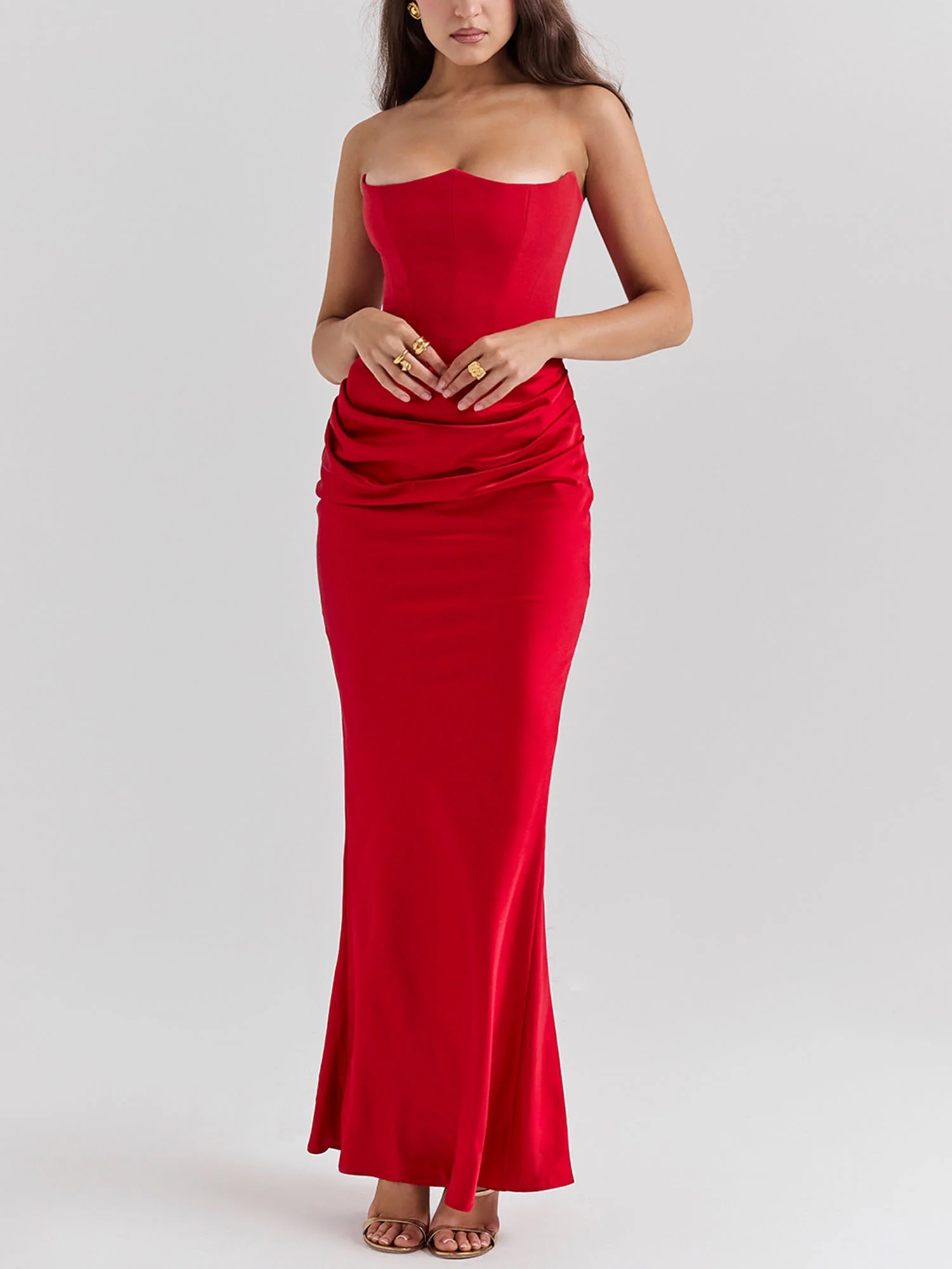 Red Strapless Draped Bodycon Maxi Dress