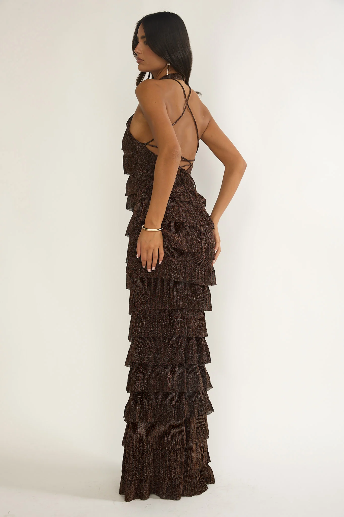 Kaelia Tiered Halter Maxi Dress Sparkle Brown - luluinthesky