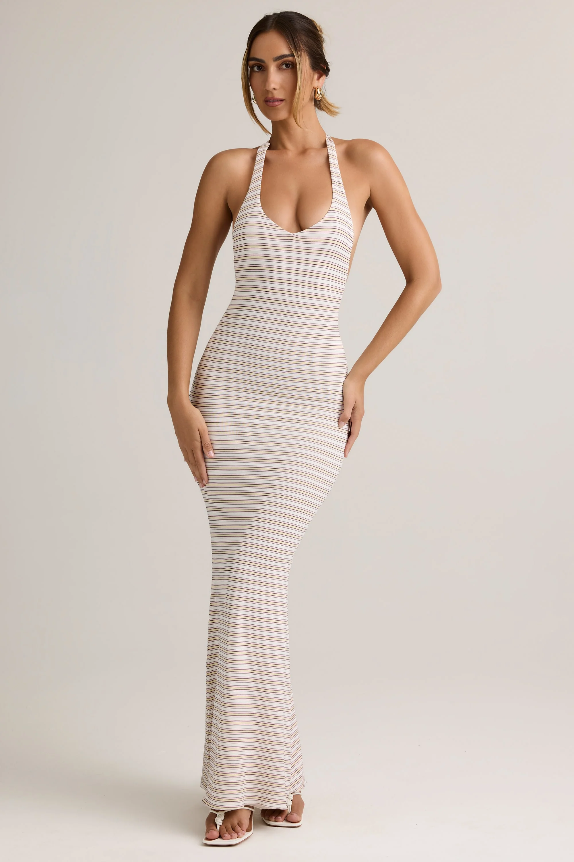 Modal Halterneck Maxi Dress in Pink Yellow Stripe