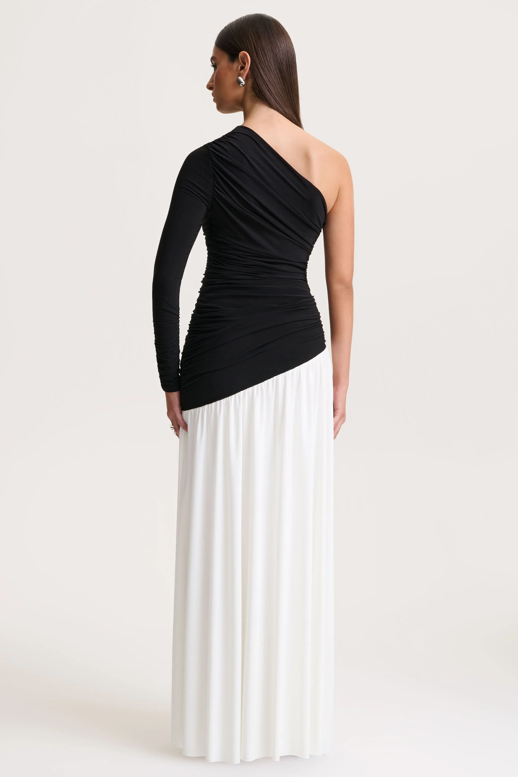Danila | Black And White Asymmetric-Neck Maxi Dress With Drop-Waist