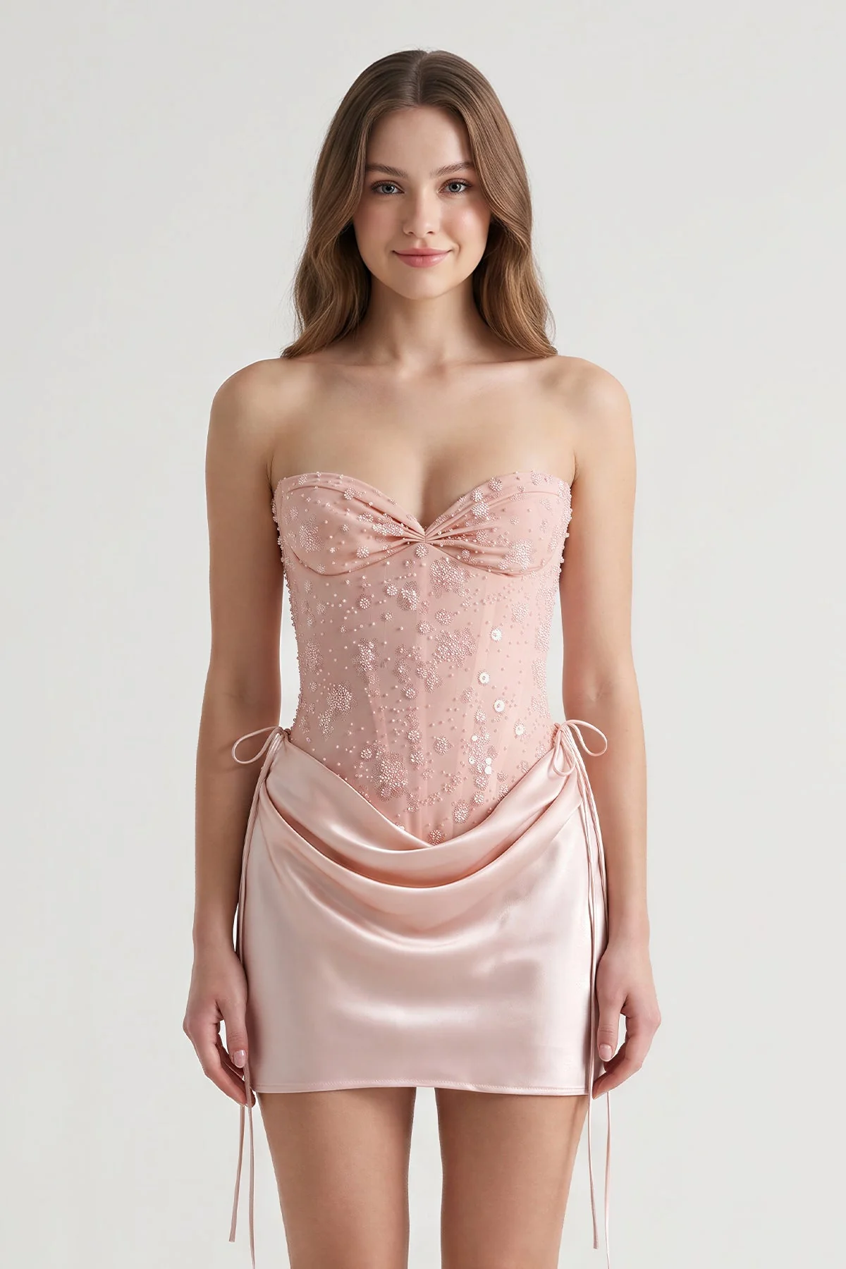 Pink Sweetheart Sheath Corset Ruched Satin Homecoming Dress with Beading