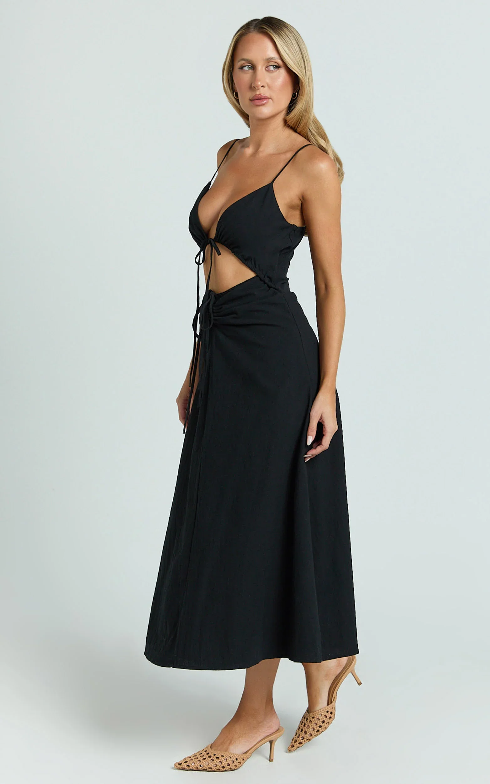 Daphne Midi Dress - Gathered Cut Out A Line Dress in Black