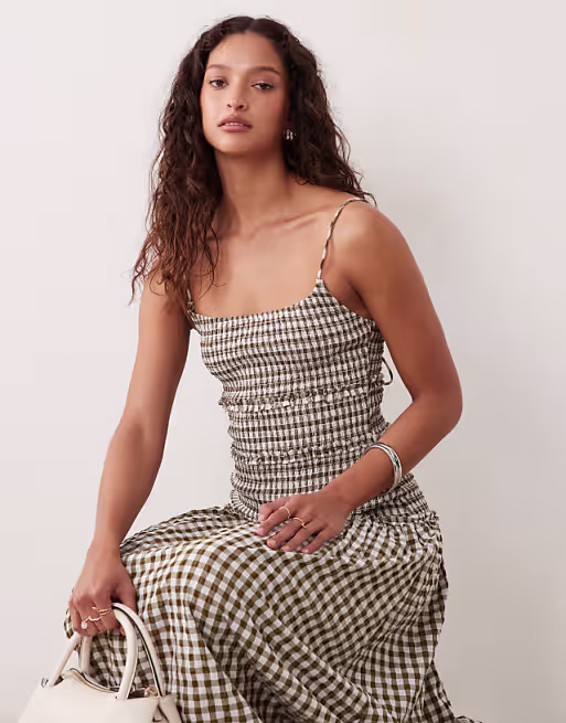 crinkle maxi sundress with shirred dropped waist in olive and cream gingham