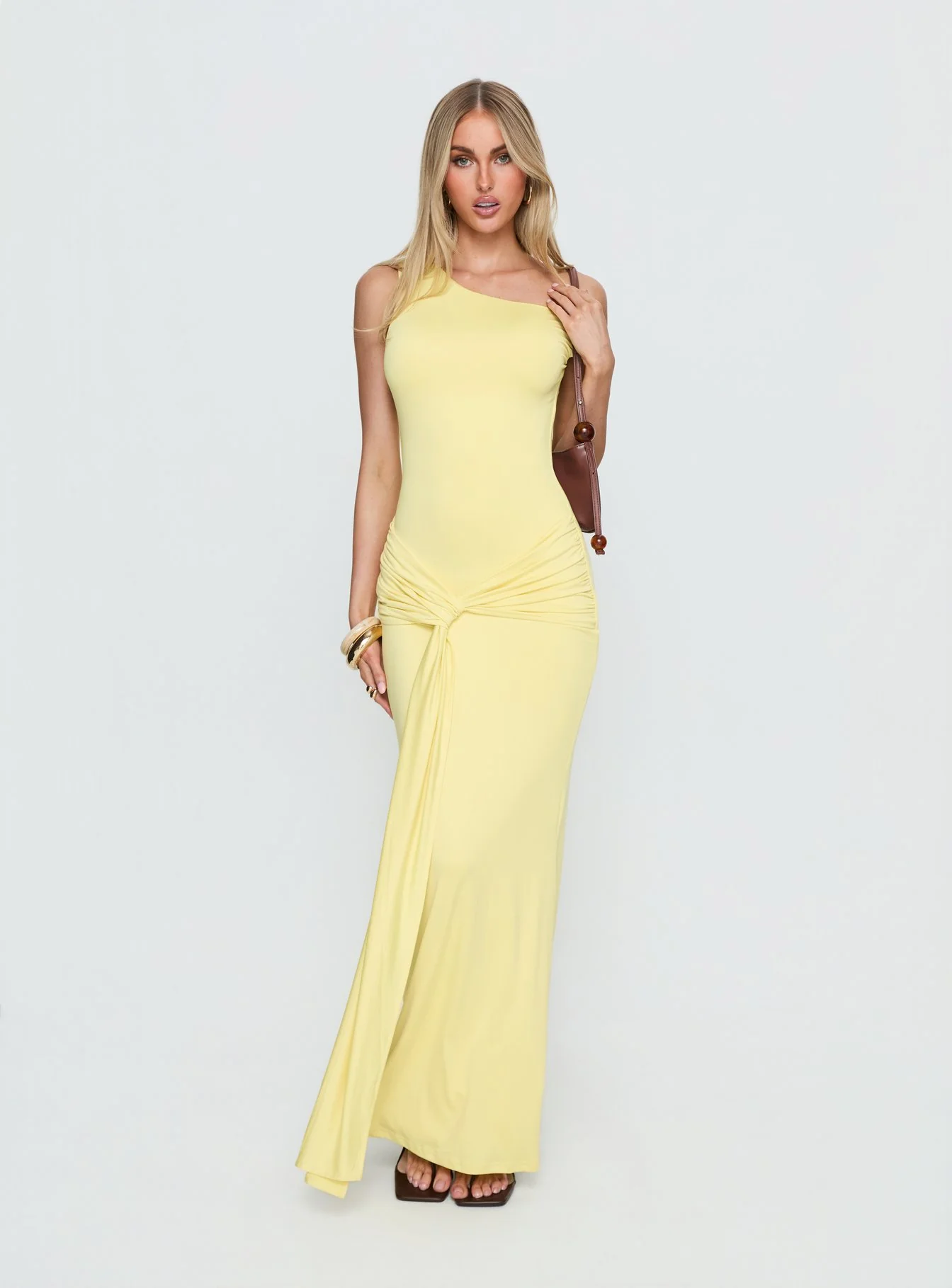 Get Lucky Drape One Shoulder Maxi Dress Lemon Yellow