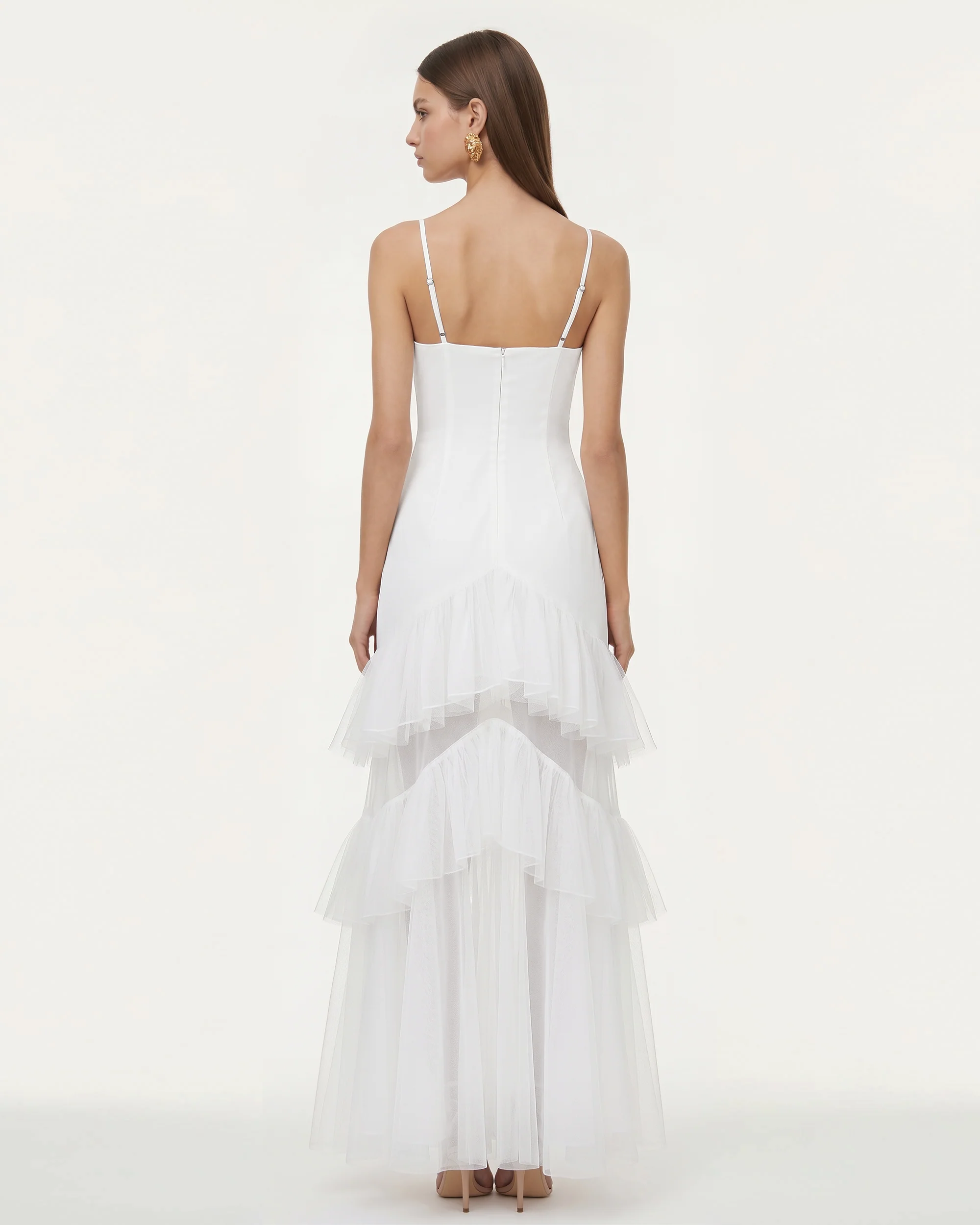 Orchid Embroidered Ruffled Tulle Strapless Maxi Dress - White - FASHION NOB