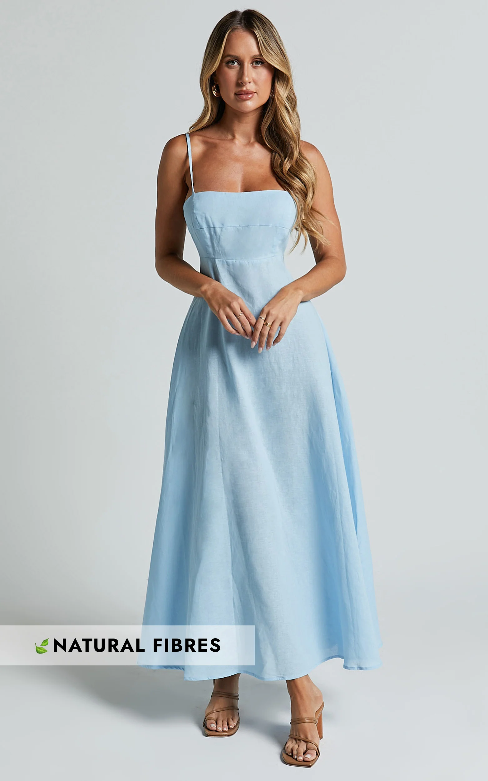Brette Midi Dress - Linen Straight Neck Strappy Fit And Flare Dress in Blue