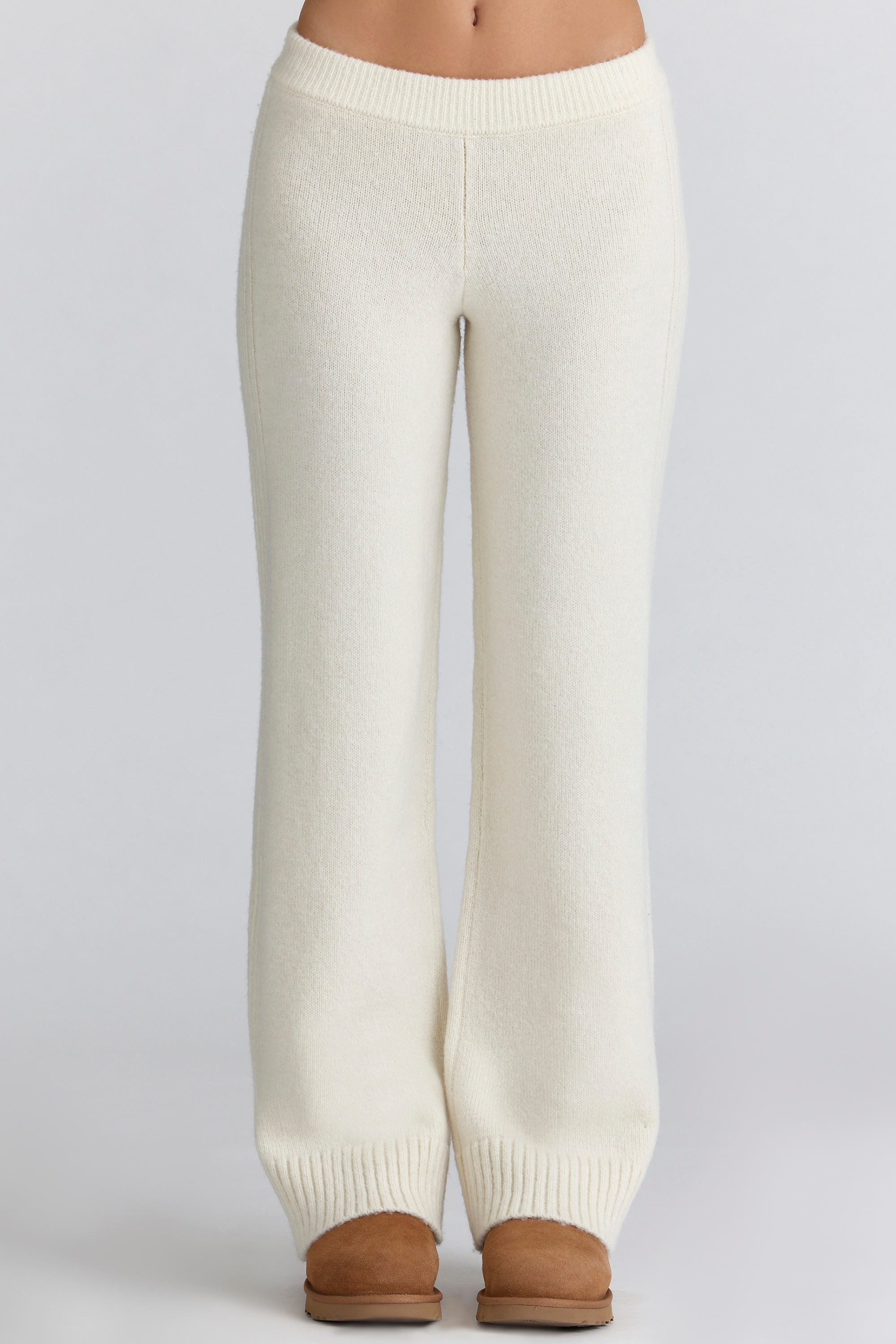 Ivory Merino Wool Ribbed Knit Trousers